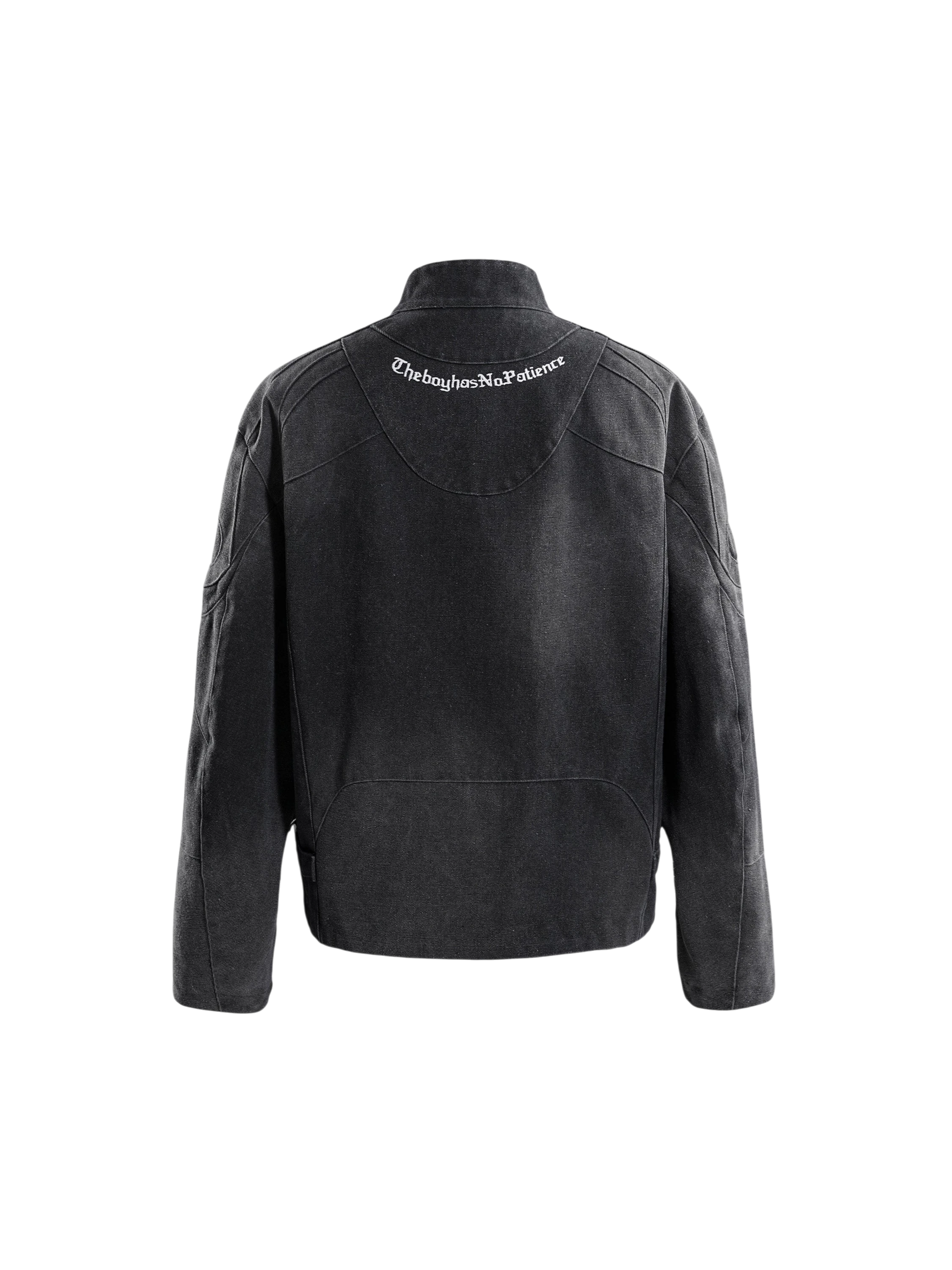 TBHNP black canvas moto jacket, back three-quarter view — men's streetwear jacket