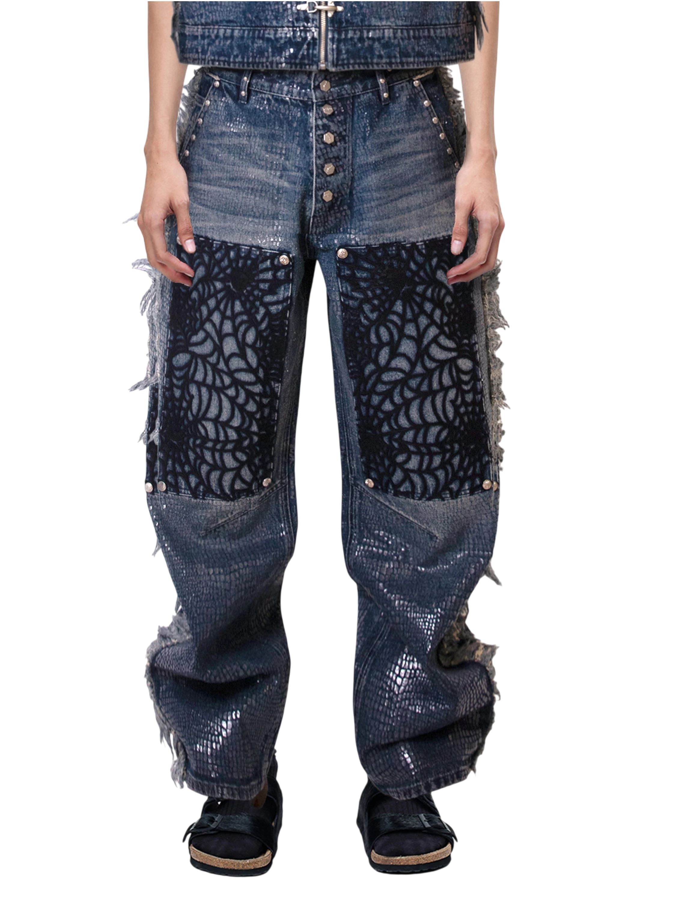 TBHNP Luminous Dawn cobweb fringed baggy jeans — men's streetwear denim