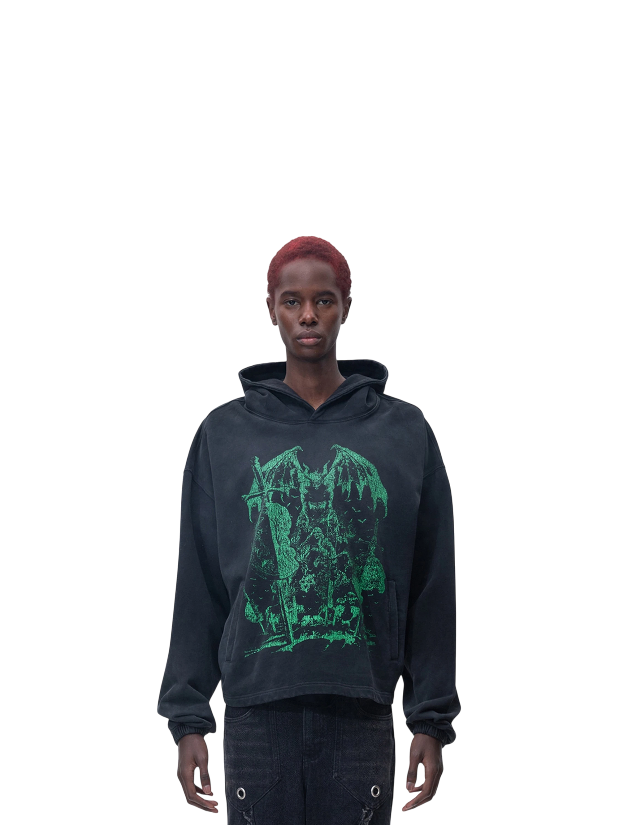 Model wearing TBHNP black arrival knight hoodie, front — men's streetwear hoodie