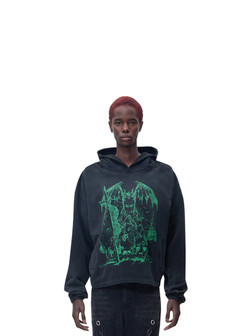 Model wearing TBHNP black arrival knight hoodie, front — men's streetwear hoodie