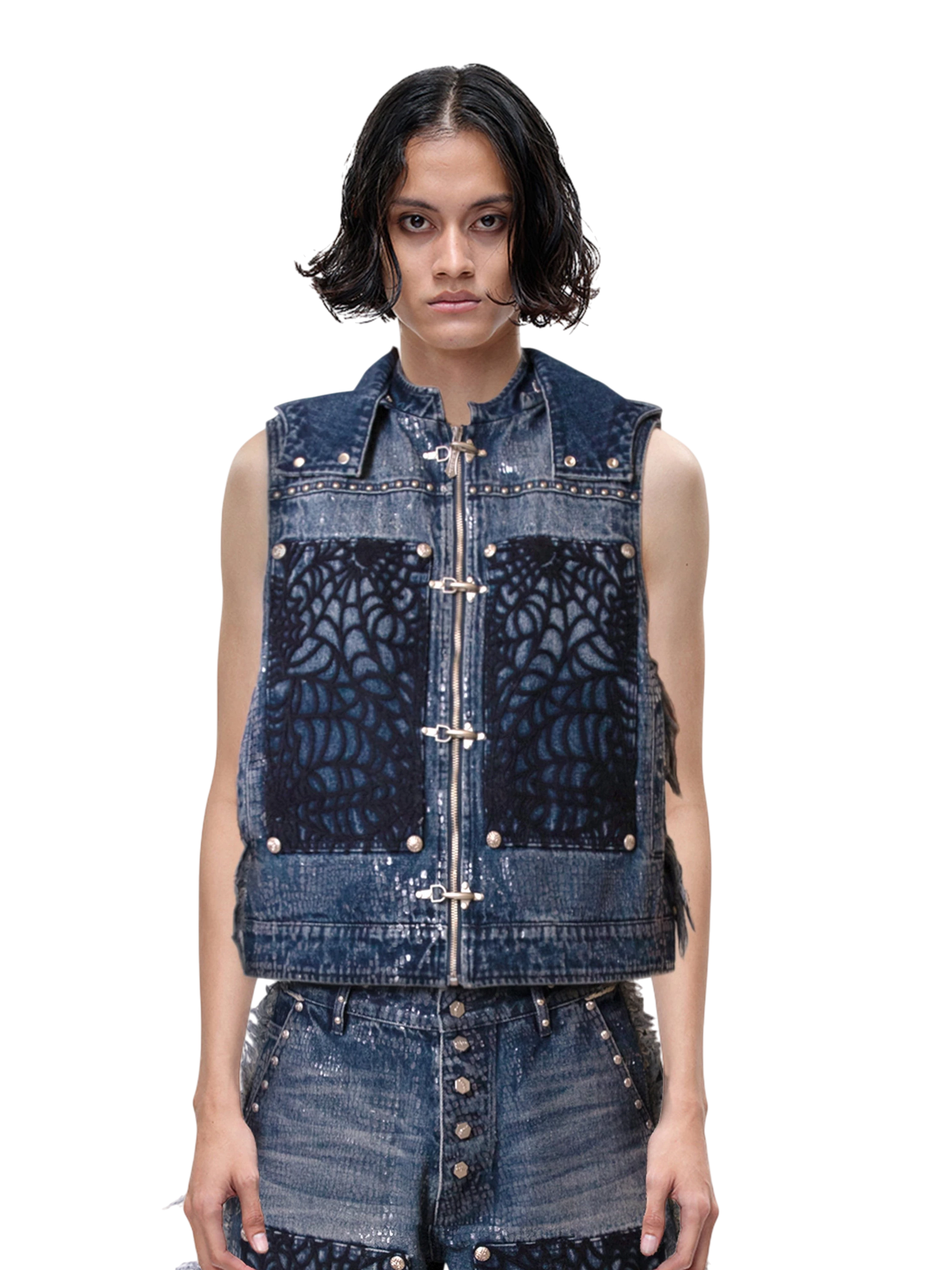 TBHNP Luminous Dawn cobweb distressed denim vest — men's streetwear vest