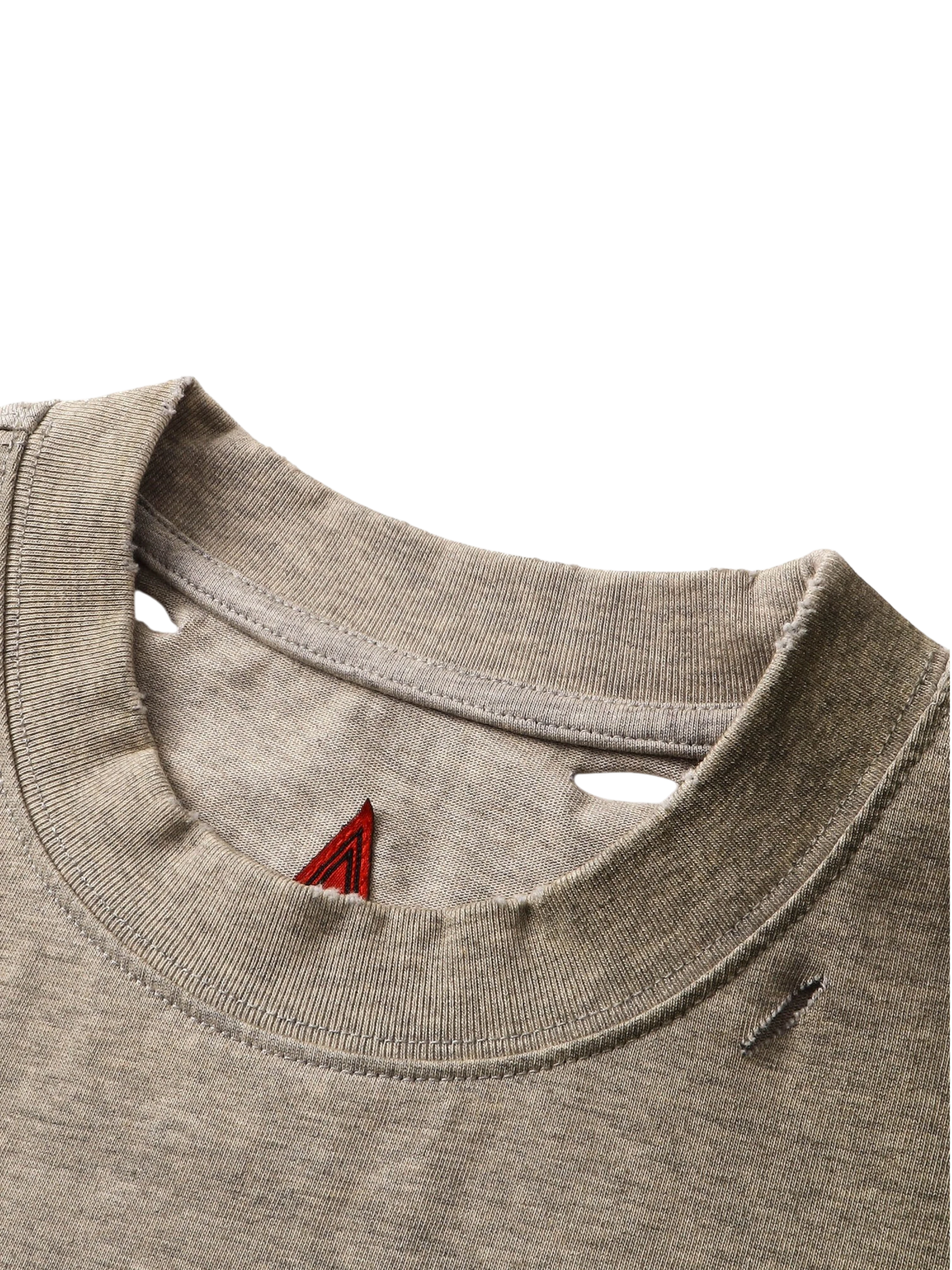 Close-up of the neckline and print on TBHNP floral-grey arrival tee — men's streetwear detail