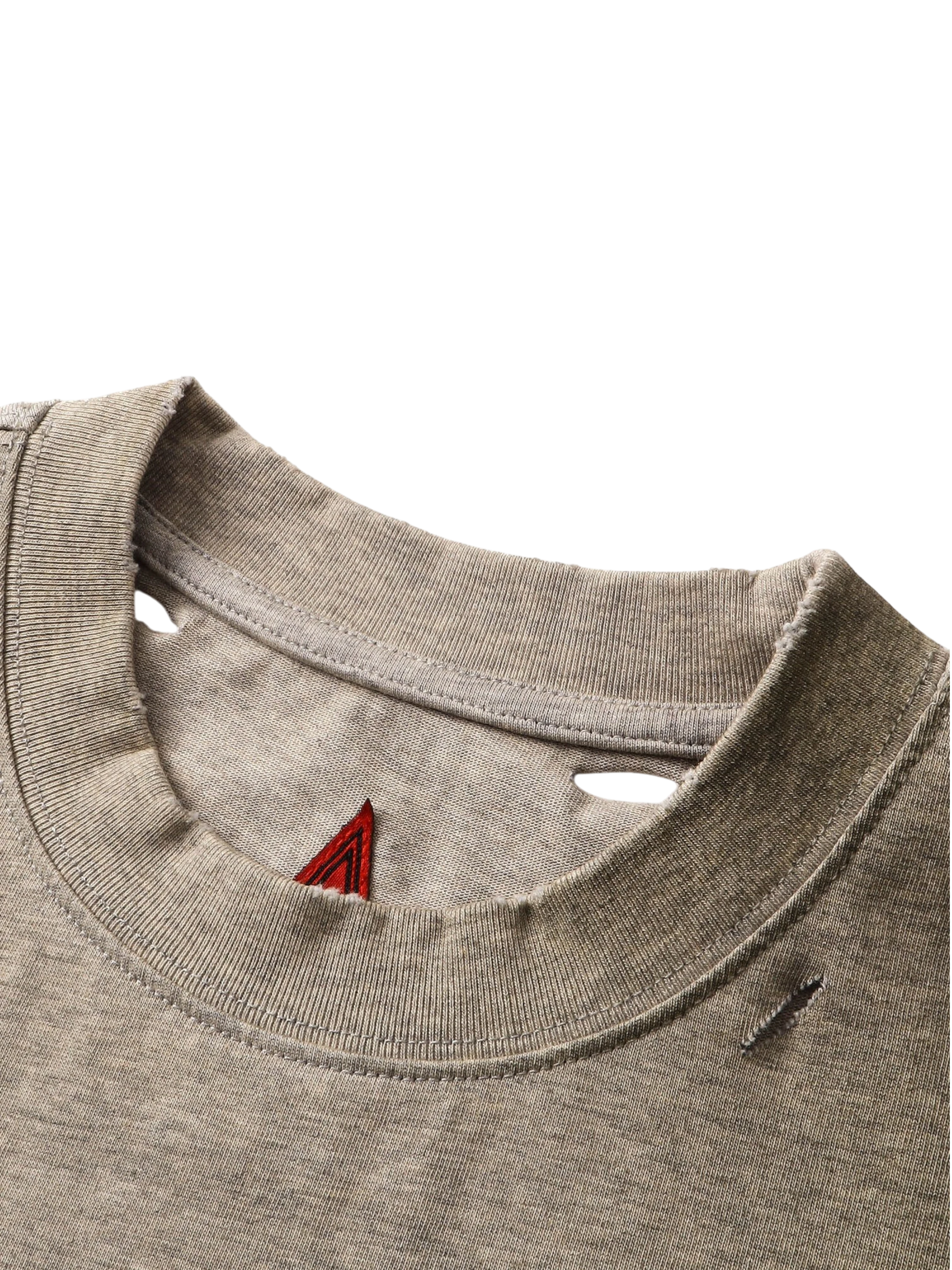 Close-up of the neckline and print on TBHNP floral-grey arrival tee — men's streetwear detail