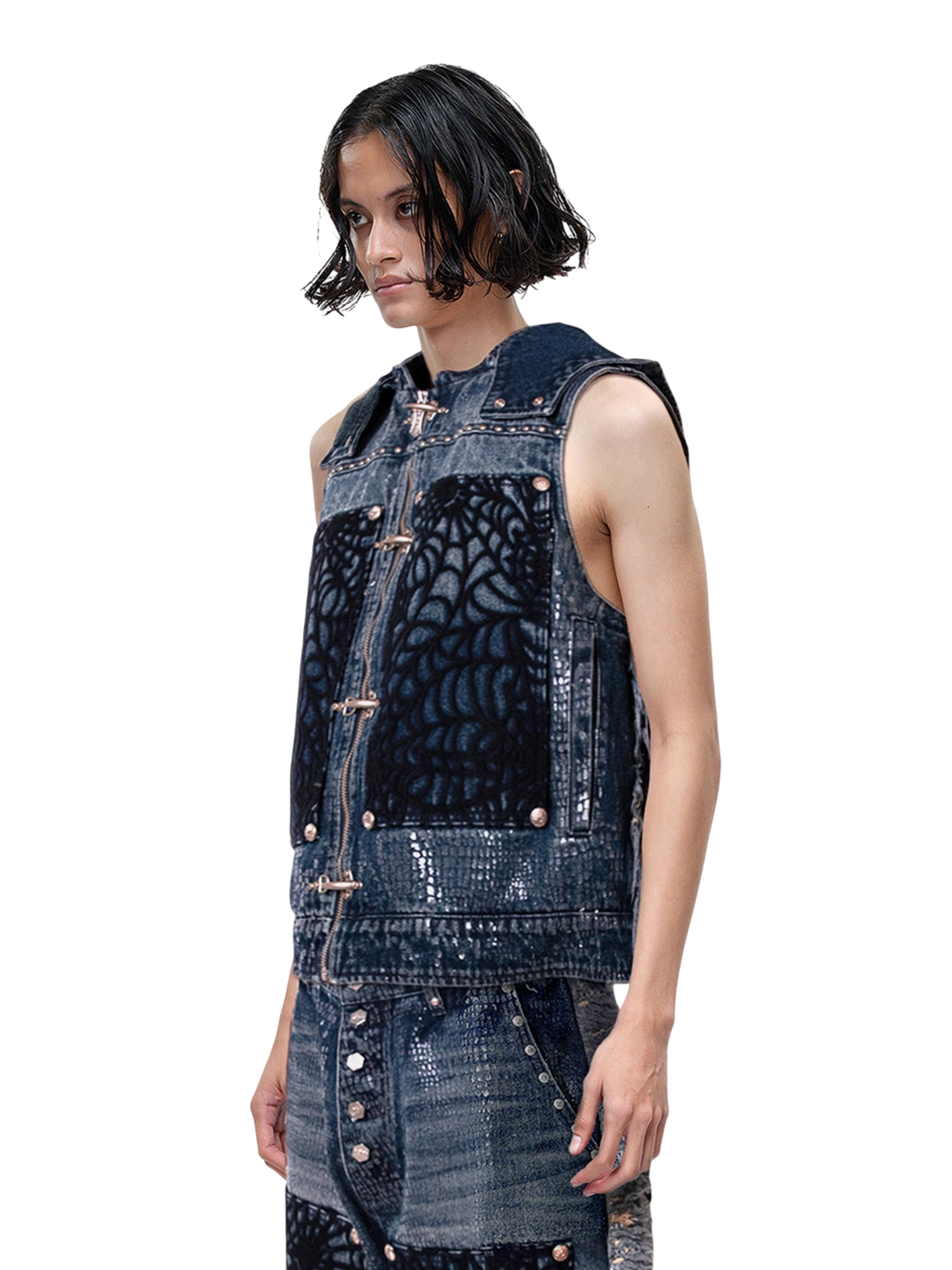 TBHNP Luminous Dawn cobweb distressed denim vest — men's streetwear vest