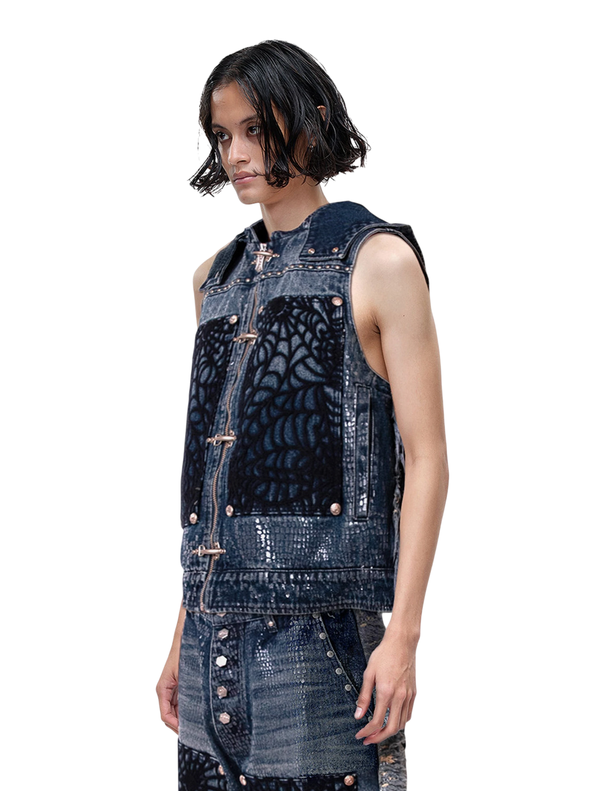 TBHNP Luminous Dawn cobweb distressed denim vest — men's streetwear vest