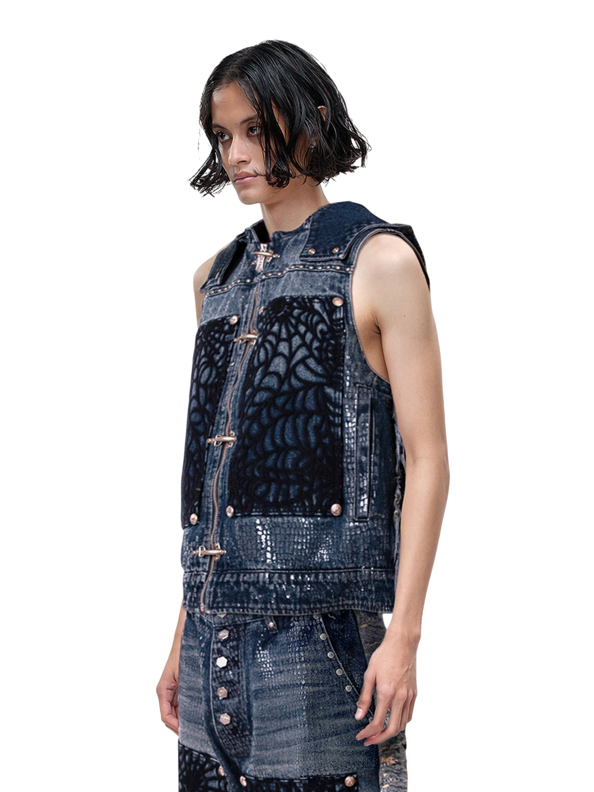 TBHNP Luminous Dawn cobweb distressed denim vest — men's streetwear vest