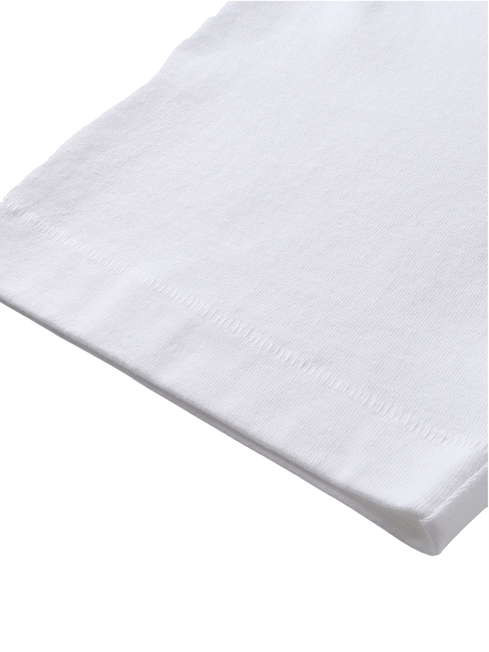 Close-up of the fabric fold on TBHNP white Emblem & Shadowbat tee — men's streetwear detail