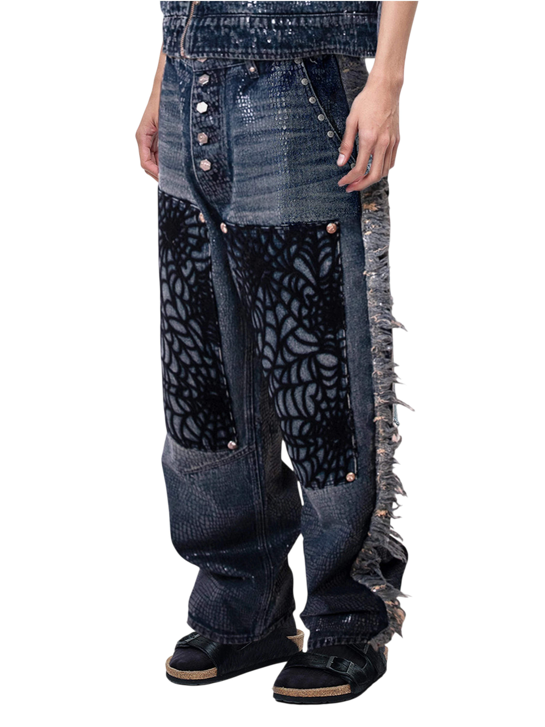 TBHNP Luminous Dawn cobweb fringed baggy jeans — men's streetwear denim