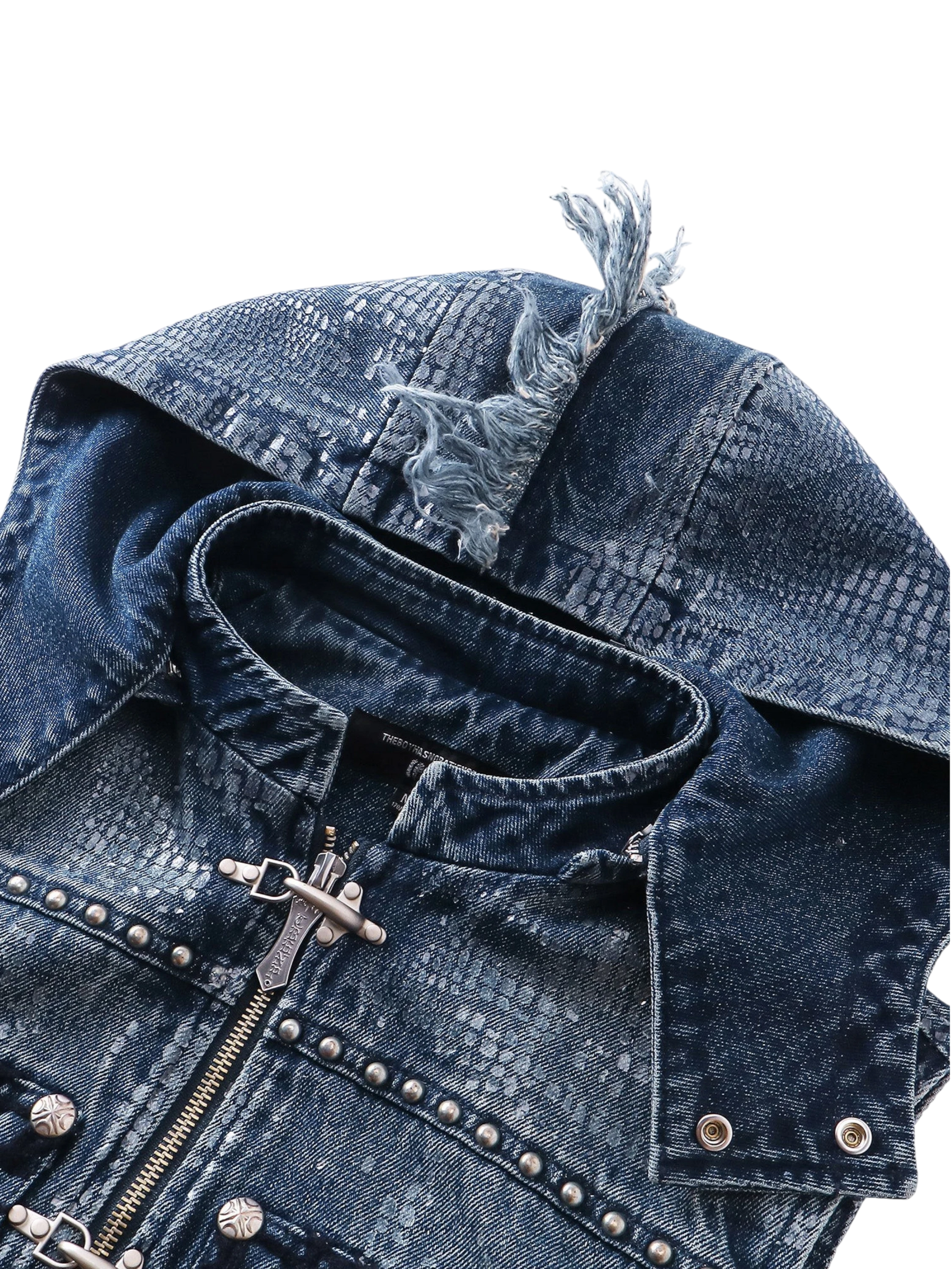 TBHNP Luminous Dawn cobweb distressed denim vest — men's streetwear vest