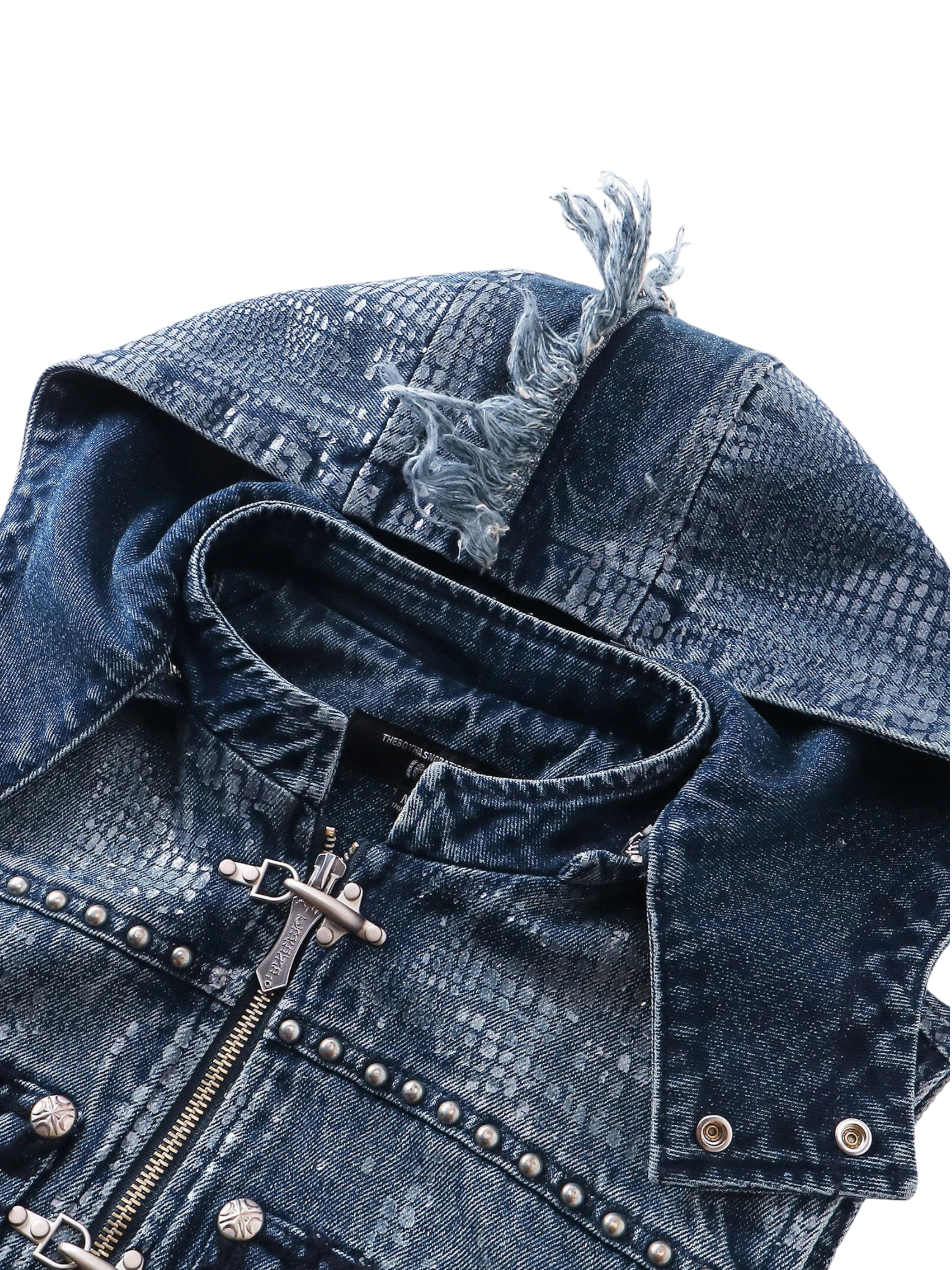 TBHNP Luminous Dawn cobweb distressed denim vest — men's streetwear vest