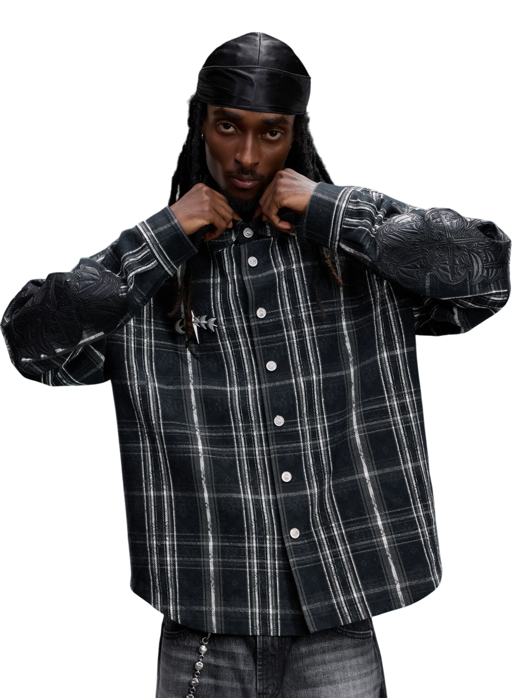 Model wearing the Greenish Yellow plaid shirt, side view.