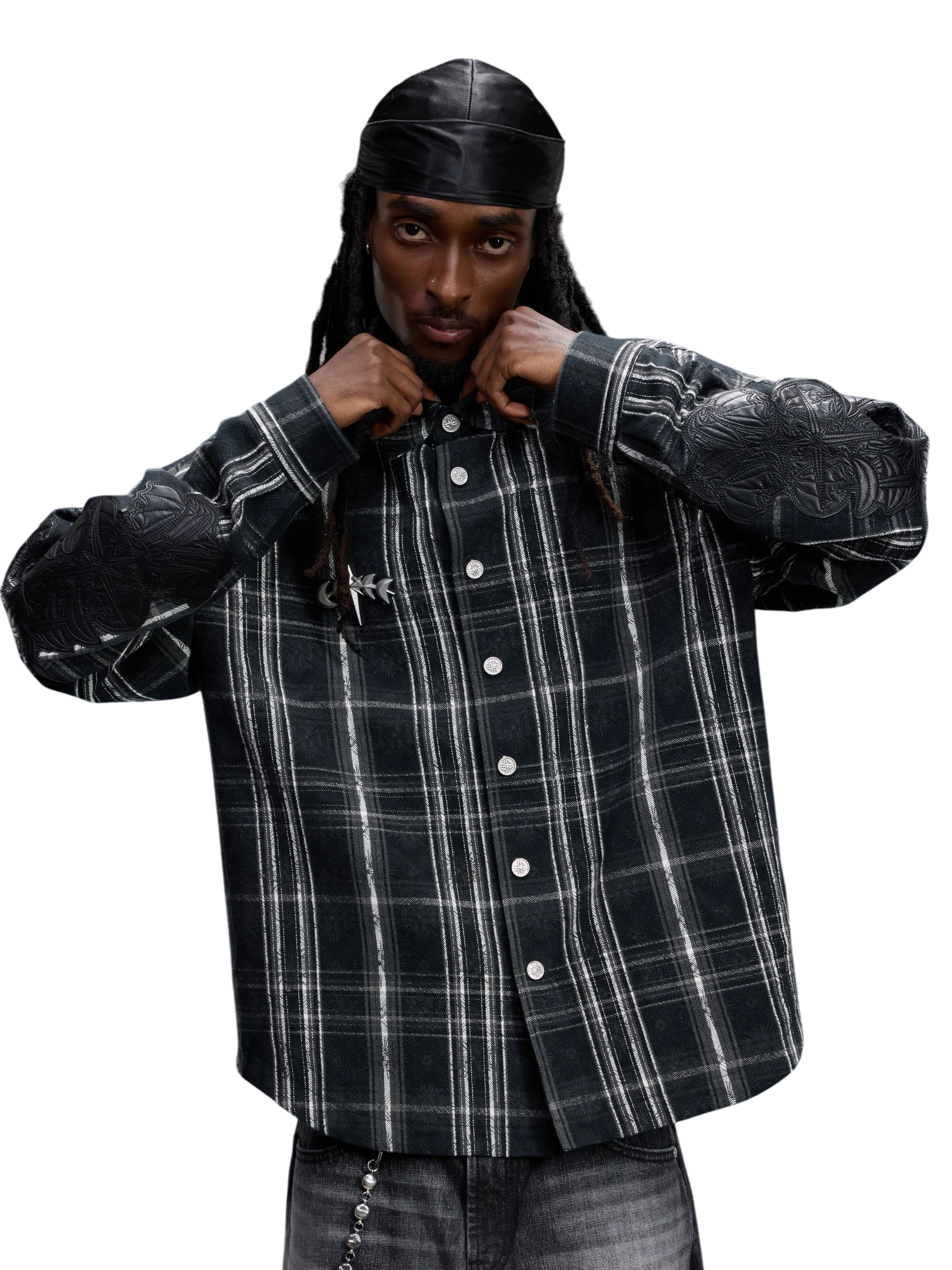 Model wearing the Greenish Yellow plaid shirt, side view.