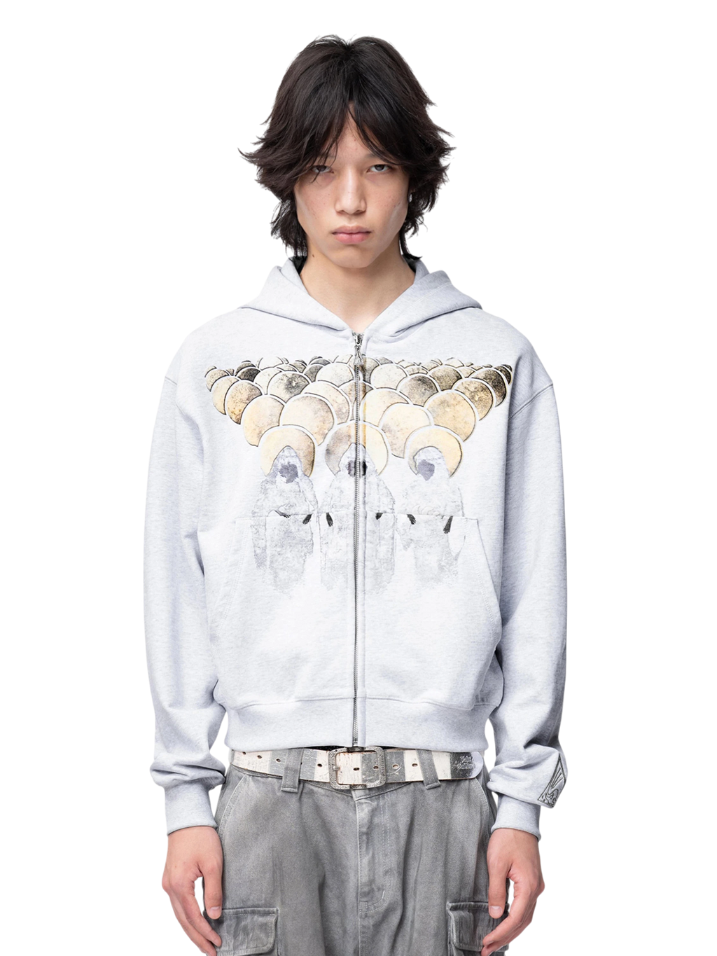 TBHNP Disciple graphic flocked zip-up hoodie, grey — men's streetwear hoodie