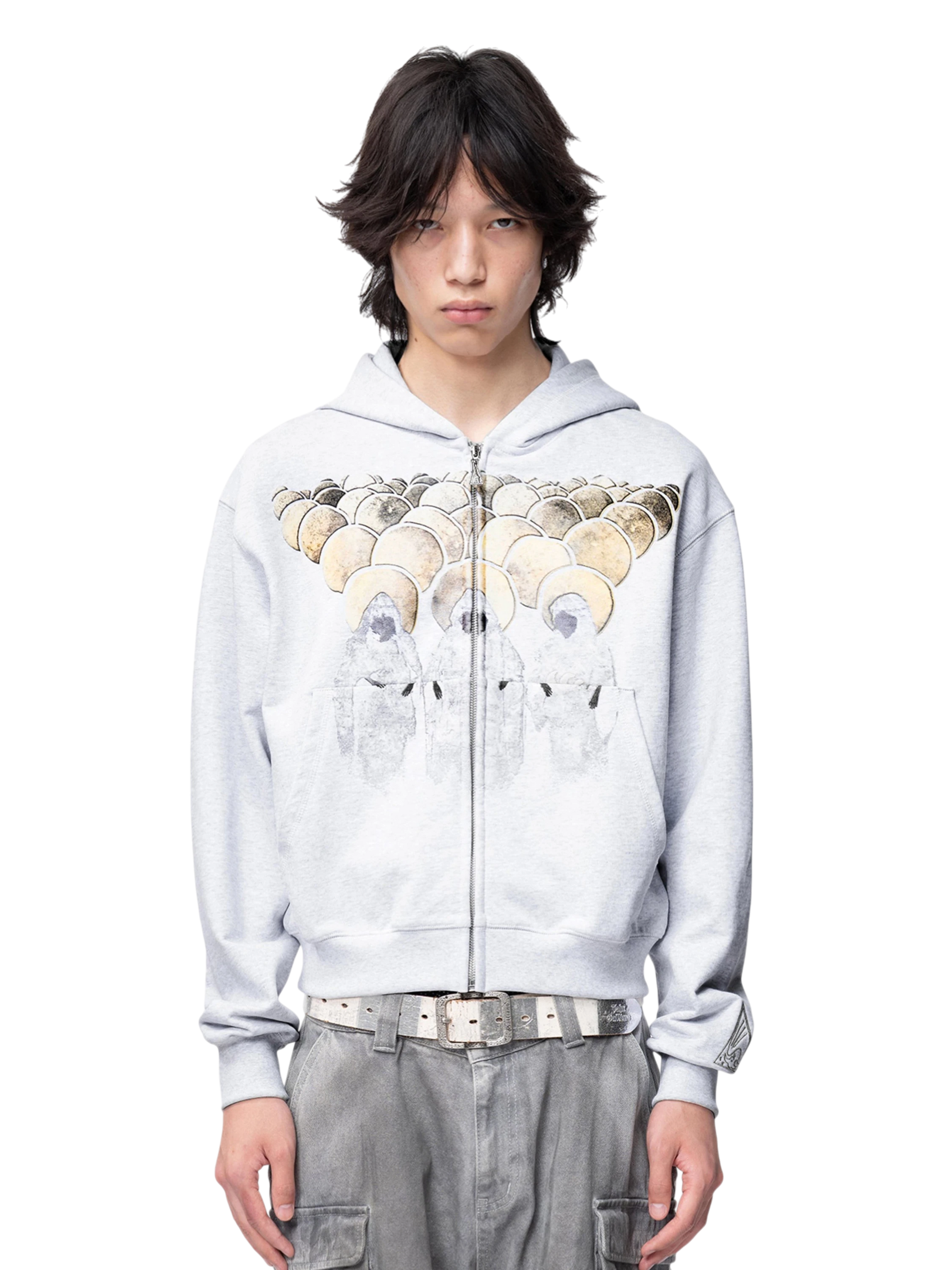 TBHNP Disciple graphic flocked zip-up hoodie, grey — men's streetwear hoodie