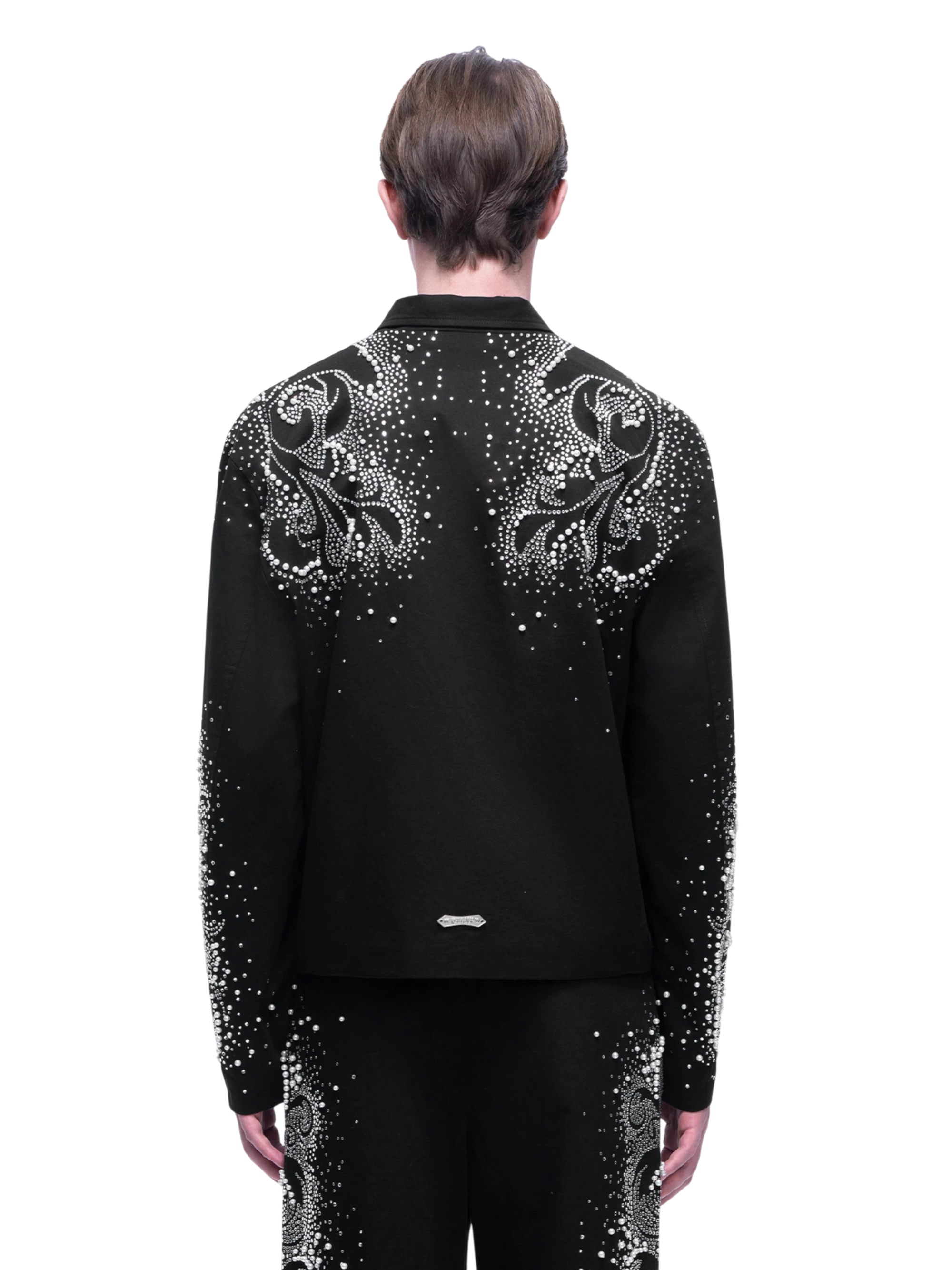 TBHNP Luminous Dawn pearl rhinestone cotton zip jacket, black — men's streetwear jacket