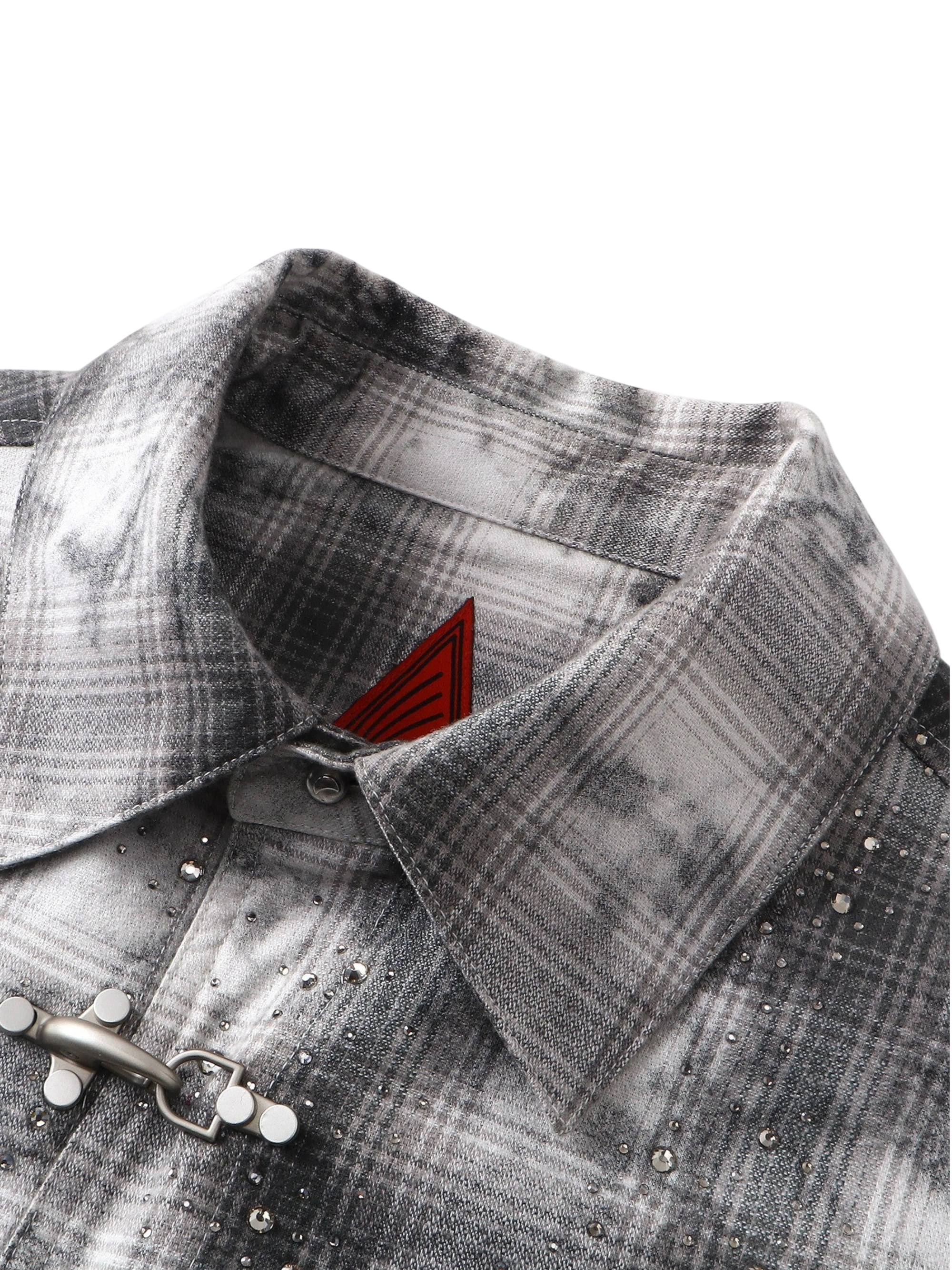 TBHNP Eclipse of the Blood Moon rhinestone buckle plaid flannel shirt — men's gothic streetwear button-up
