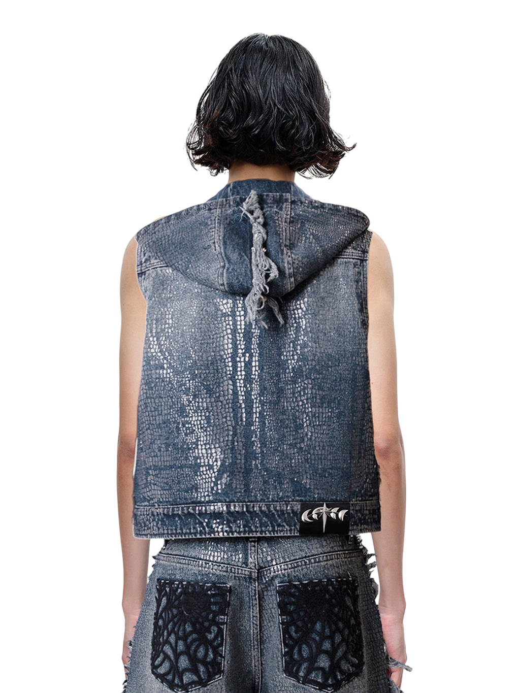 TBHNP Luminous Dawn cobweb distressed denim vest — men's streetwear vest