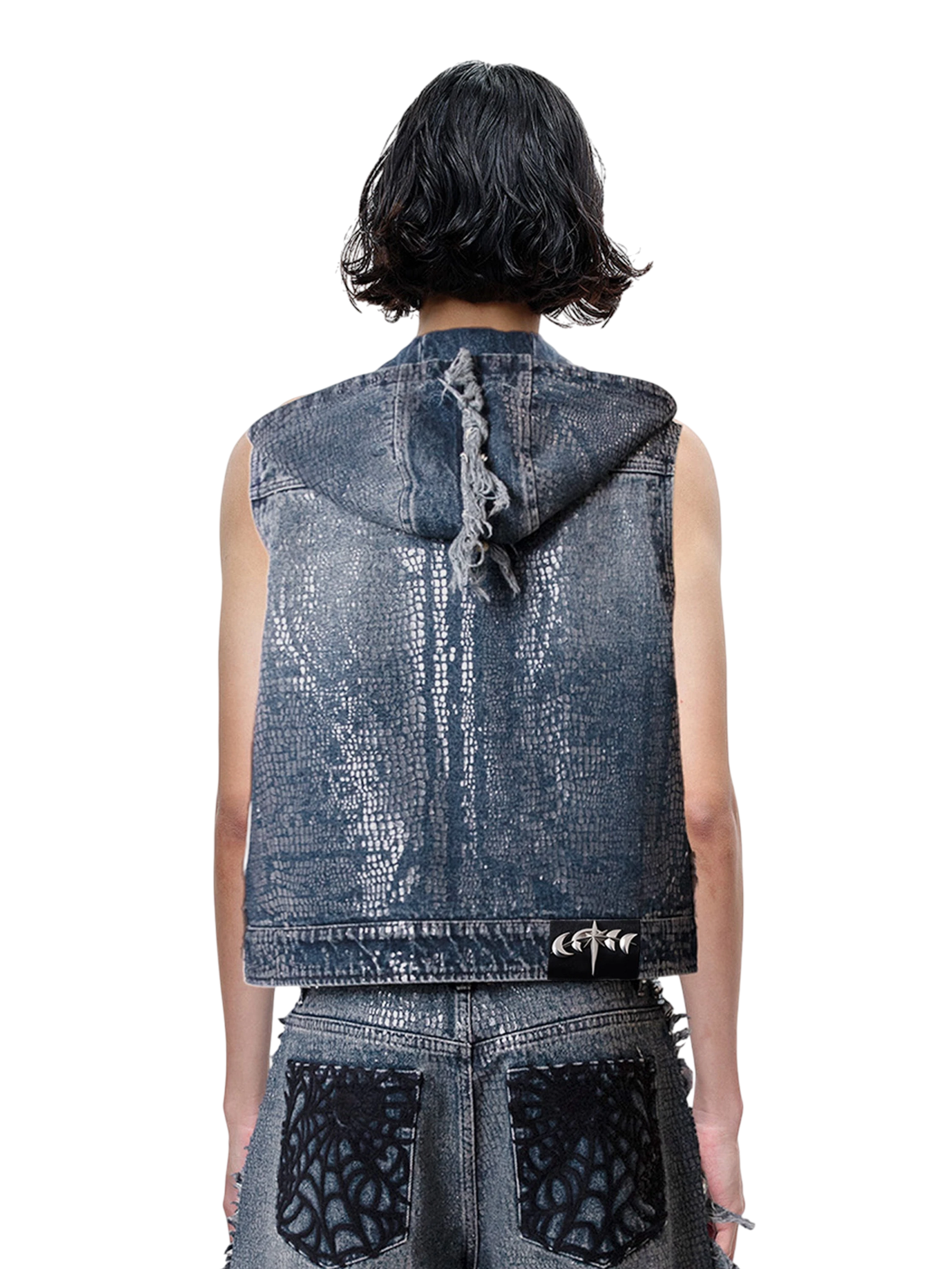 TBHNP Luminous Dawn cobweb distressed denim vest — men's streetwear vest