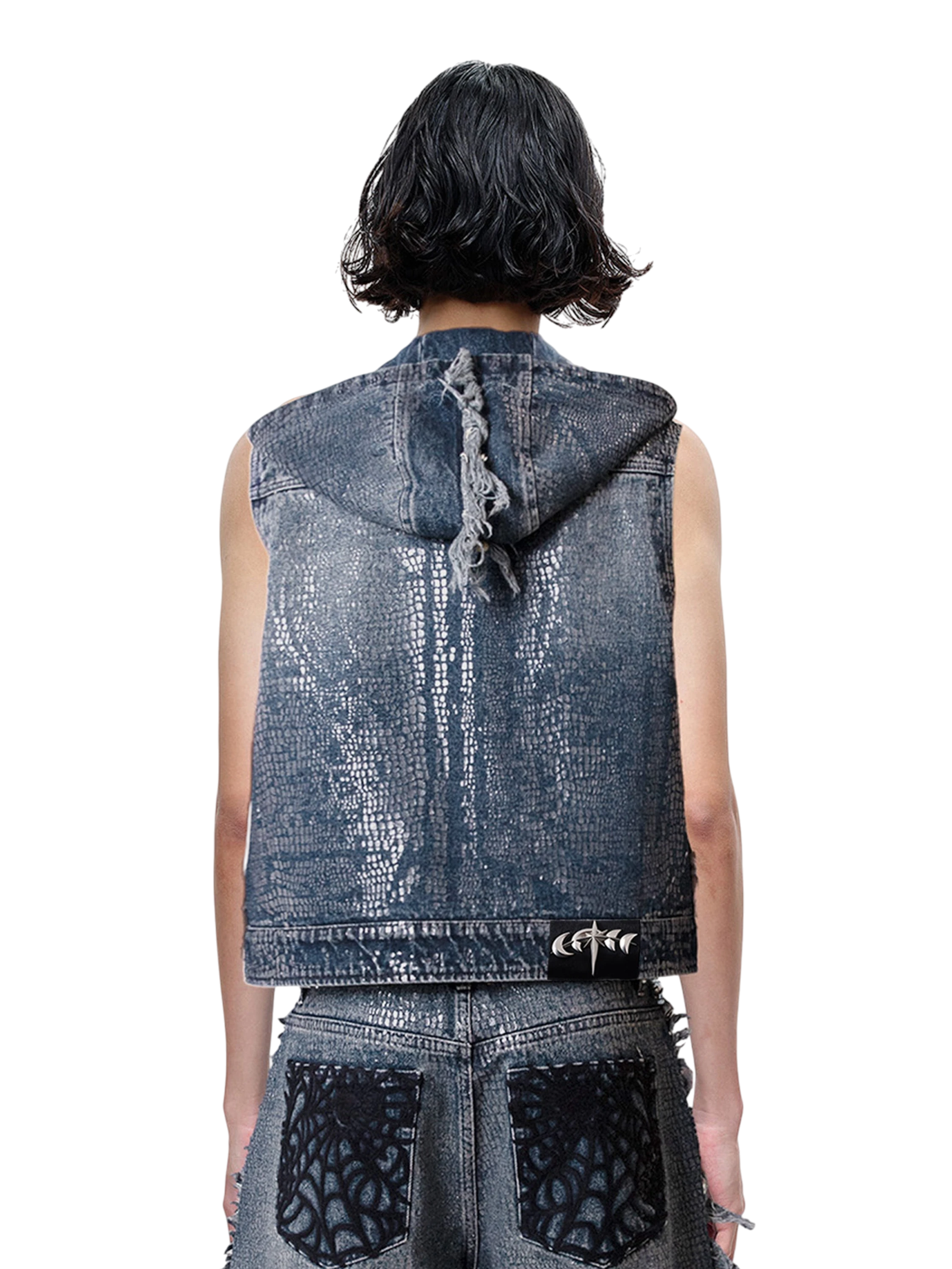 TBHNP Luminous Dawn cobweb distressed denim vest — men's streetwear vest