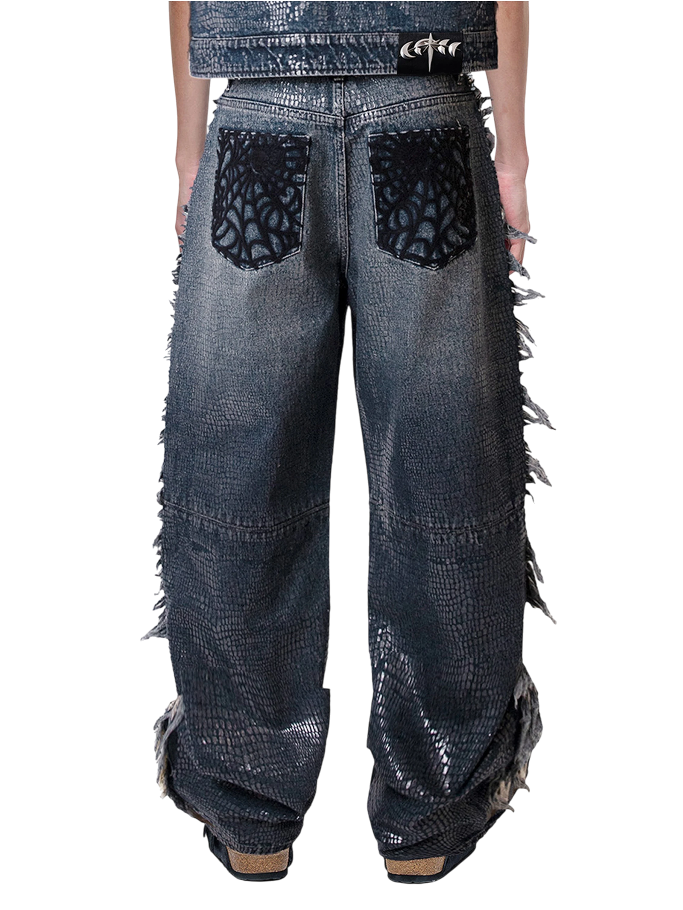 TBHNP Luminous Dawn cobweb fringed baggy jeans — men's streetwear denim