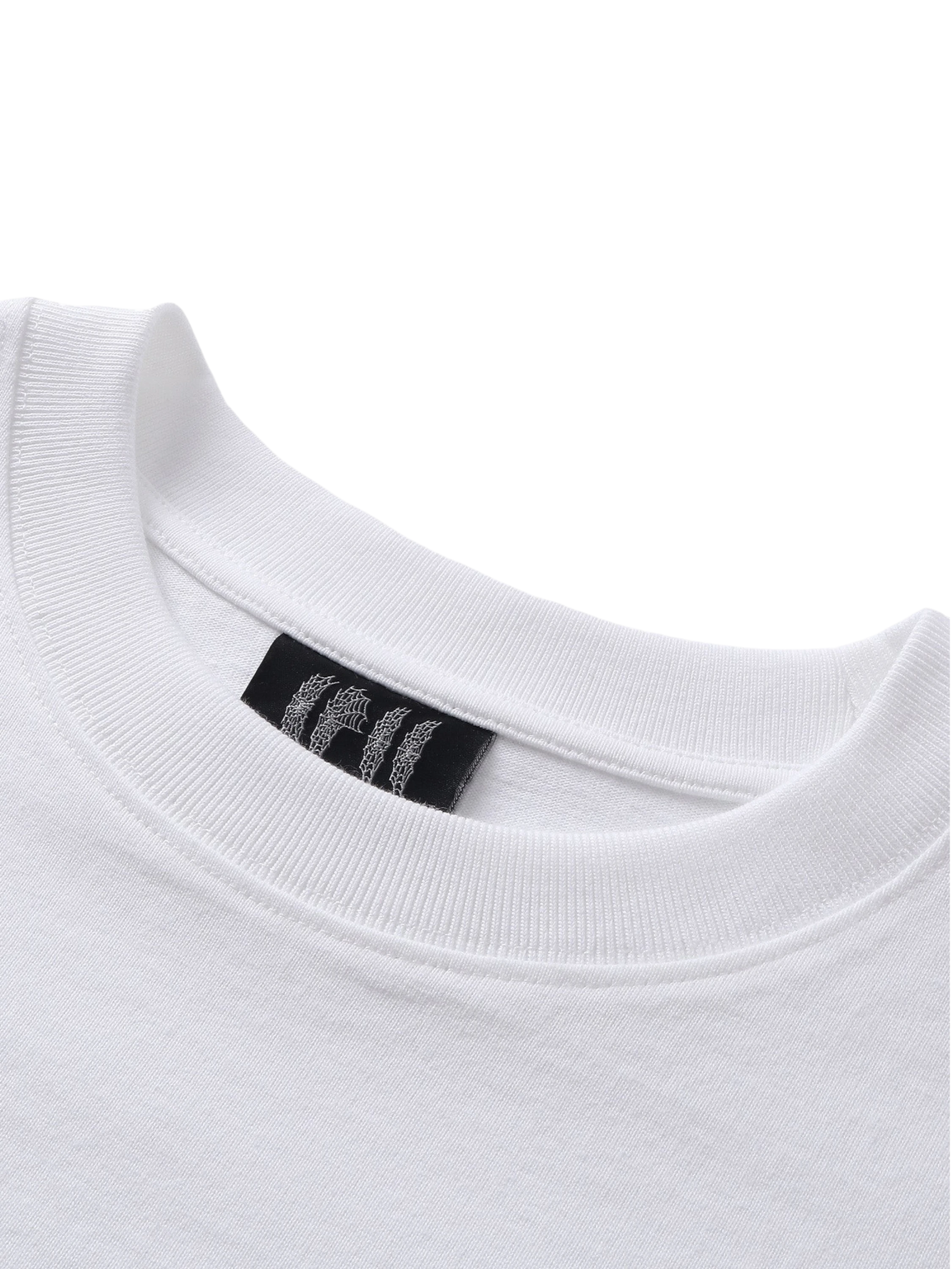 Close-up of the crew neck on TBHNP white Emblem & Shadowbat tee — men's streetwear detail