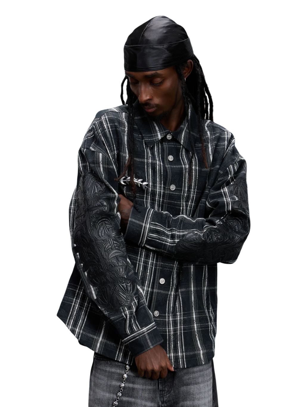 Model wearing the Greenish Yellow plaid shirt, back view.
