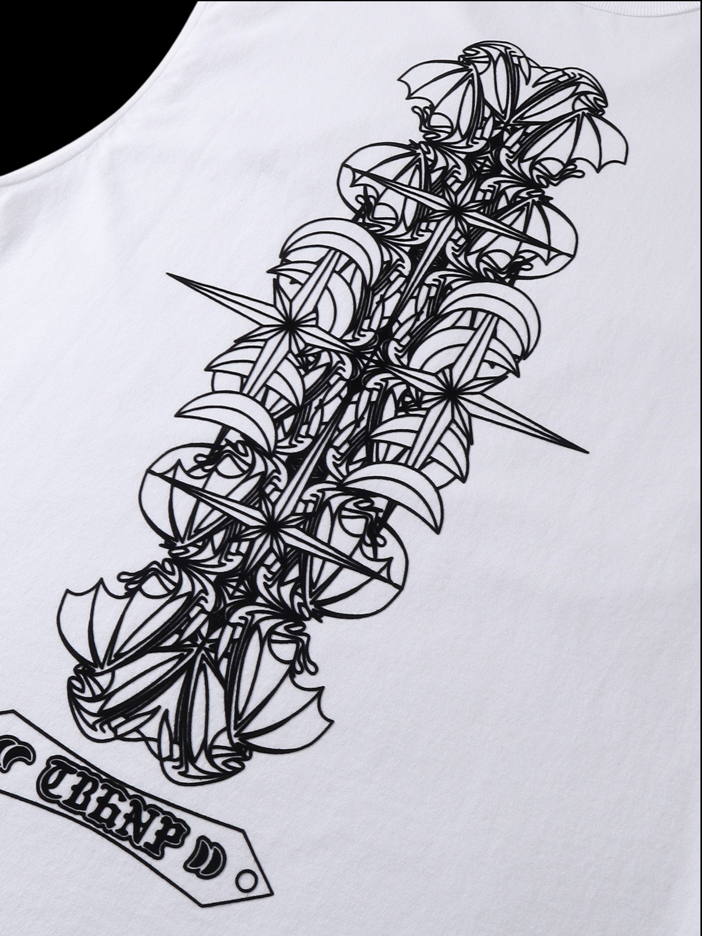 Close-up of the fabric fold on TBHNP white Shadowbat vest — men's streetwear detail