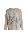 TBHNP printed bone & sword waffle henley long-sleeve tee in grey, front view — men's streetwear tee