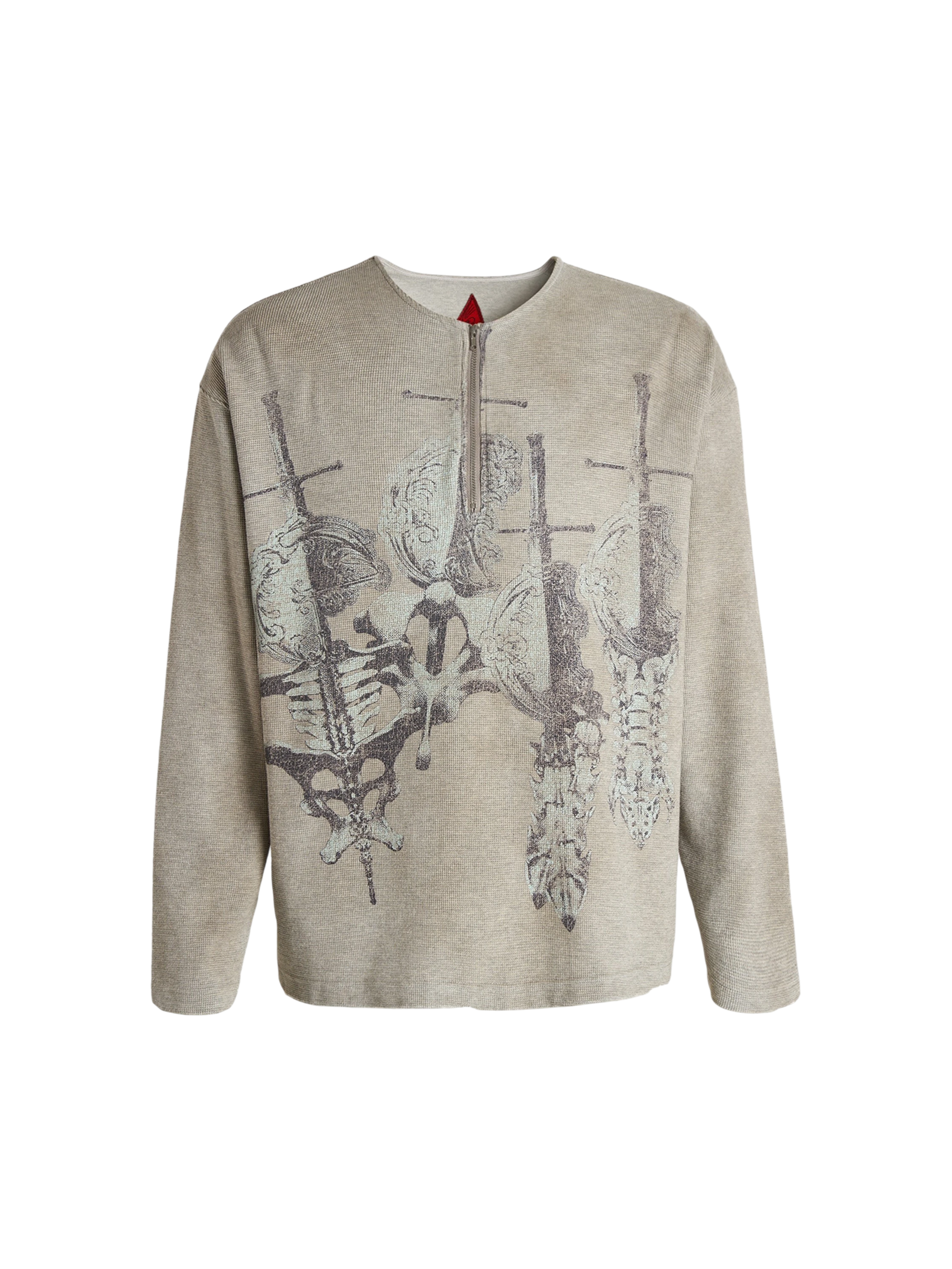 TBHNP printed bone & sword waffle henley long-sleeve tee in grey, front view — men's streetwear tee