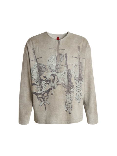 TBHNP printed bone & sword waffle henley long-sleeve tee in grey, front view — men's streetwear tee