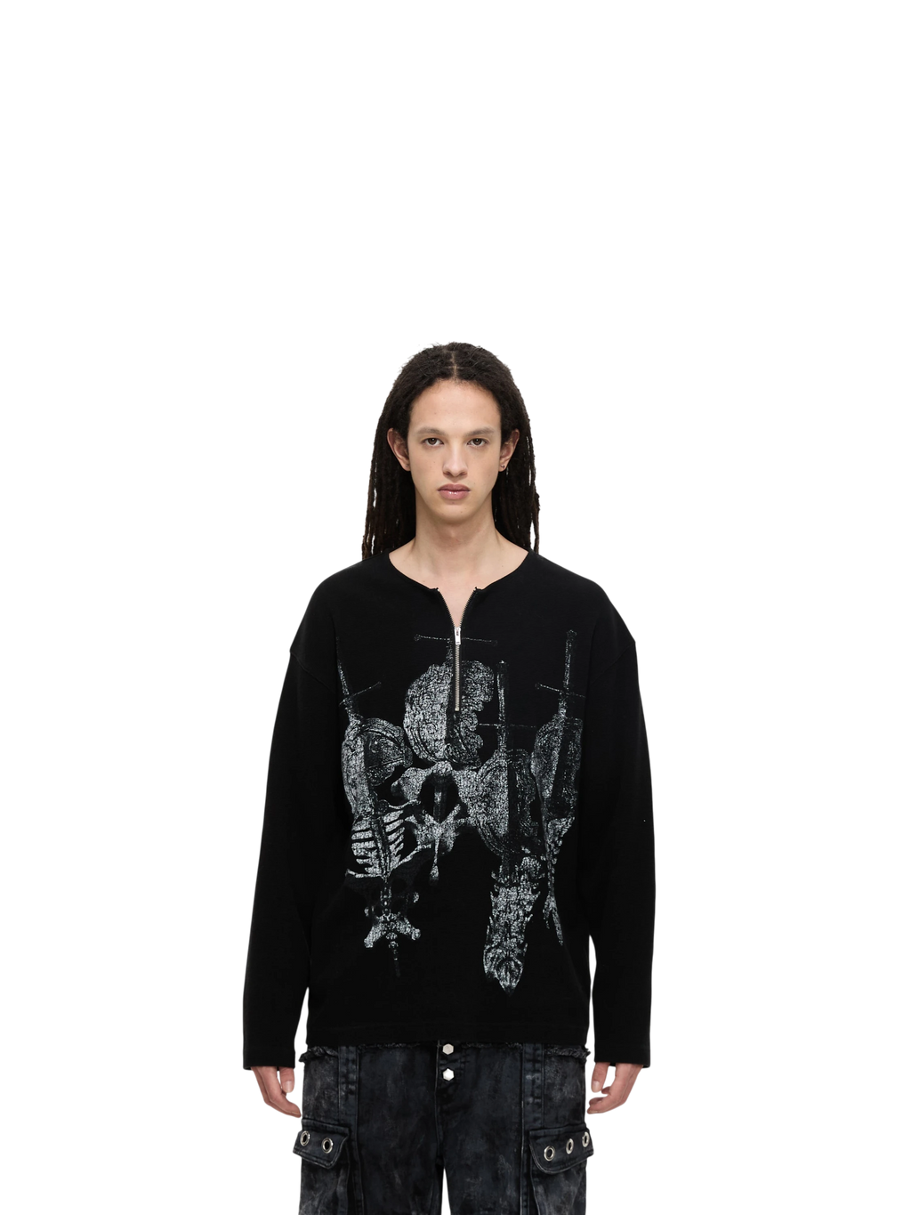 Model wearing TBHNP black waffle henley long-sleeve tee with sword-and-bone print, front — men's streetwear