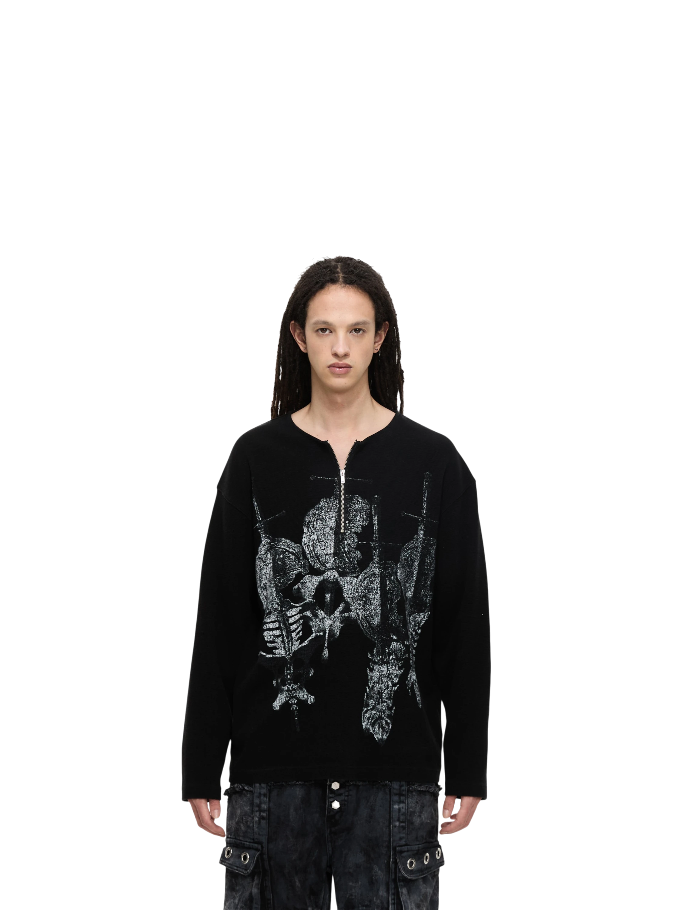 Model wearing TBHNP black waffle henley long-sleeve tee with sword-and-bone print, front — men's streetwear