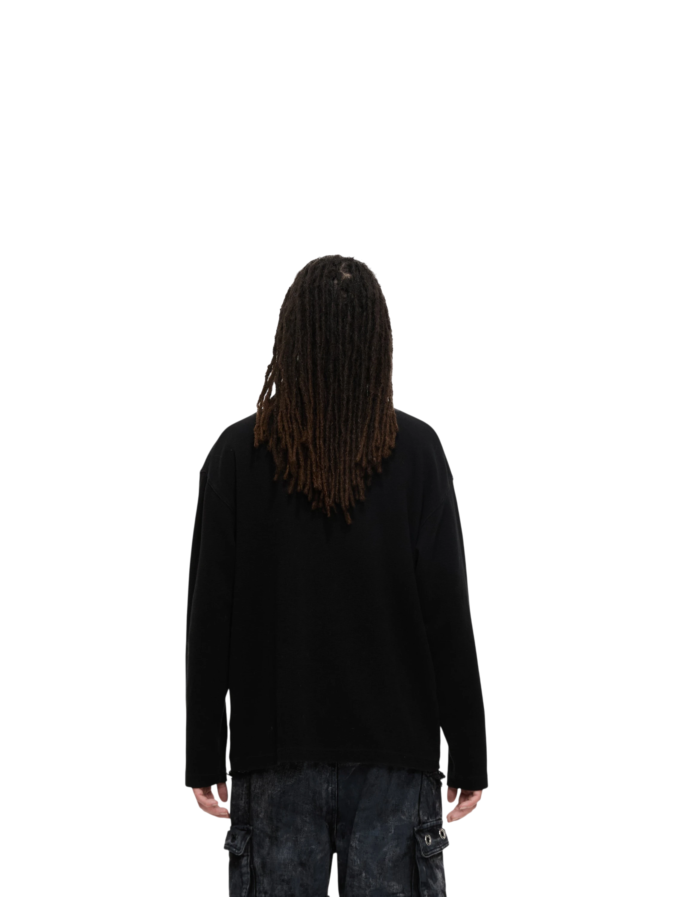 Model wearing TBHNP black sword-and-bone henley long-sleeve tee, back view — men's streetwear tee