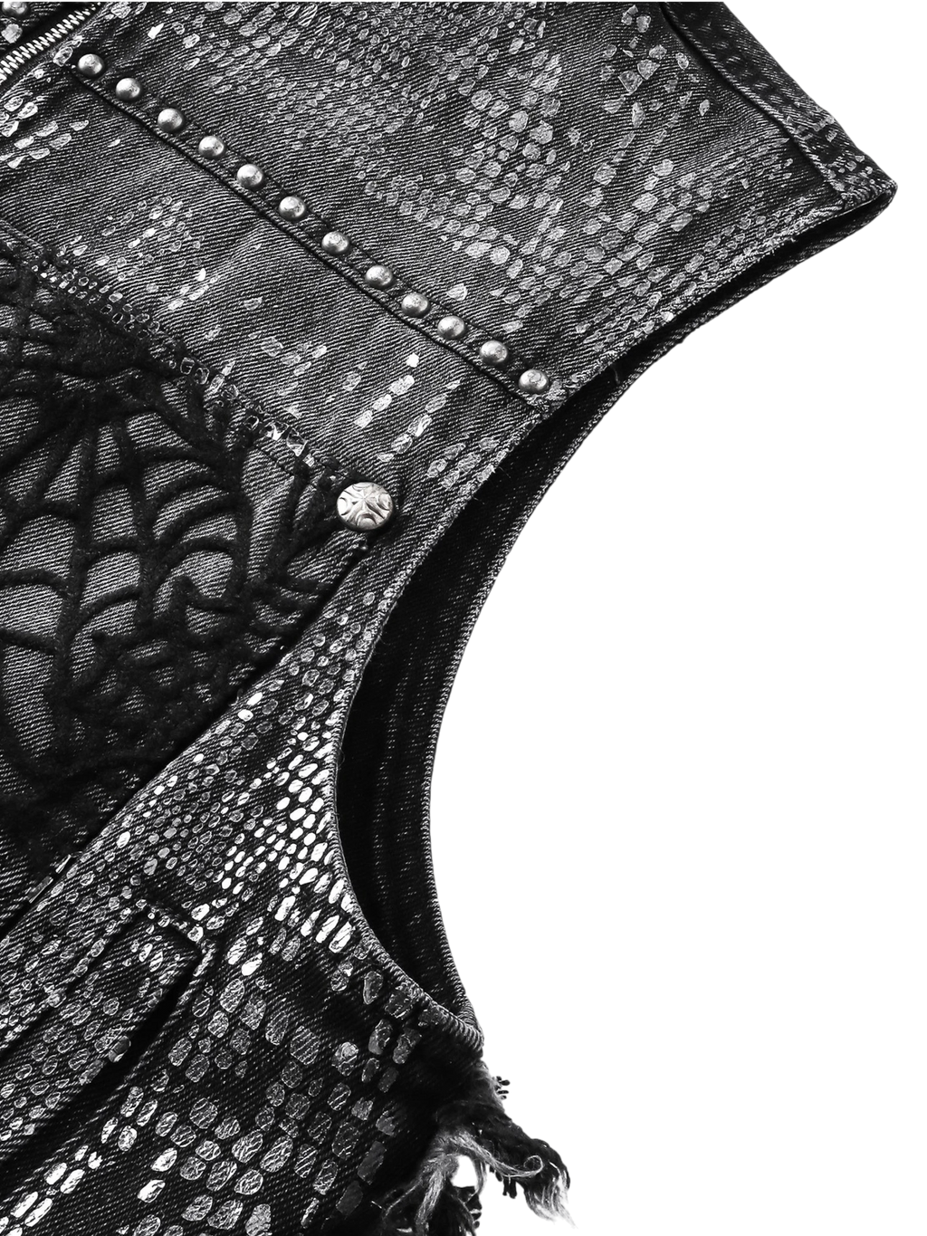 TBHNP Luminous Dawn cobweb distressed denim vest — men's streetwear vest