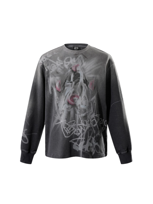 TBHNP Disciple graffiti spray long-sleeve tee, dark grey — men's streetwear graphic tee