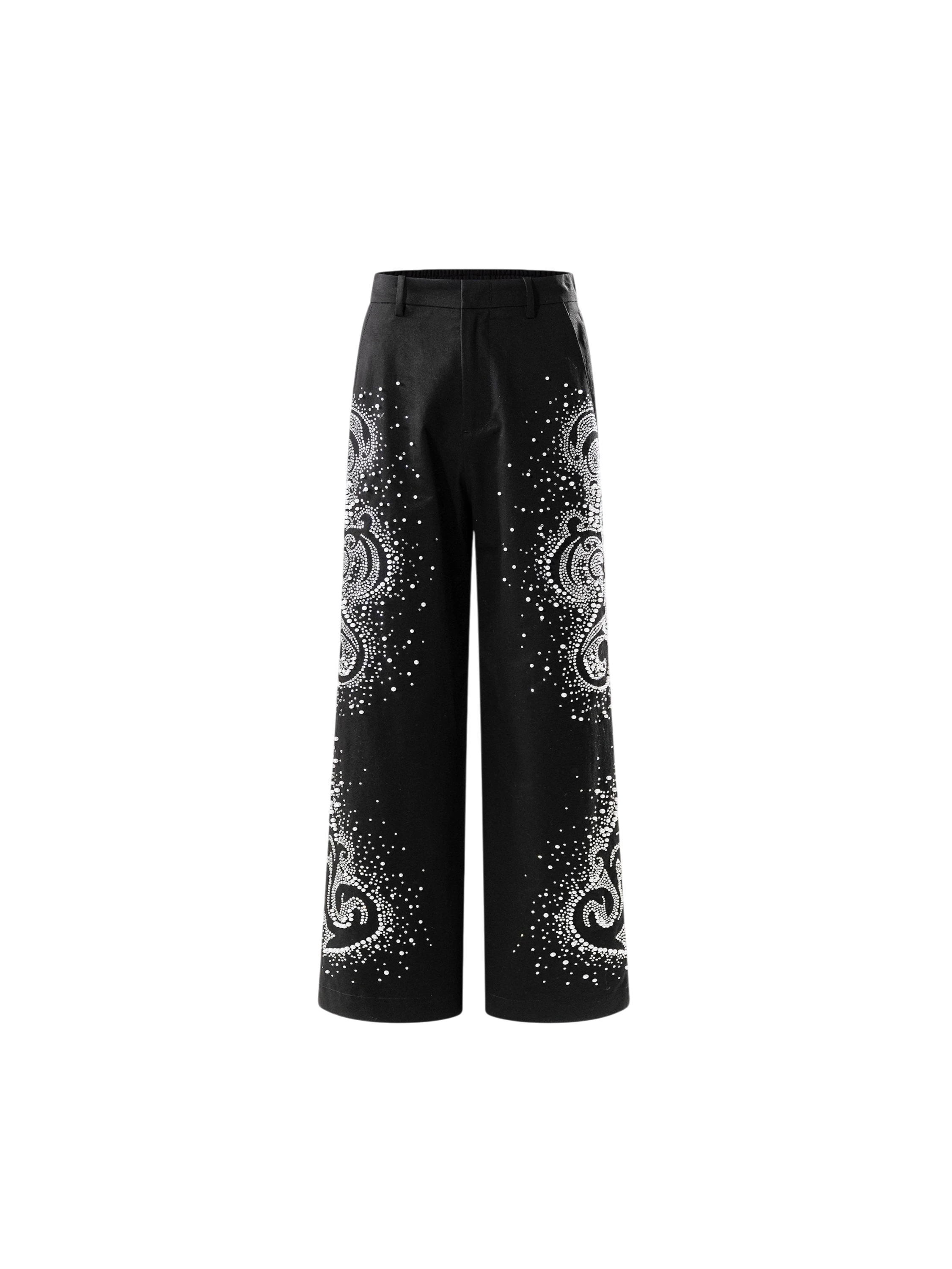 TBHNP Luminous Dawn pearl rhinestone wide-leg trousers, black — men's streetwear pants
