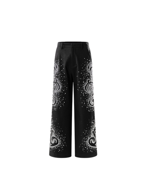 TBHNP Luminous Dawn pearl rhinestone wide-leg trousers, black — men's streetwear pants