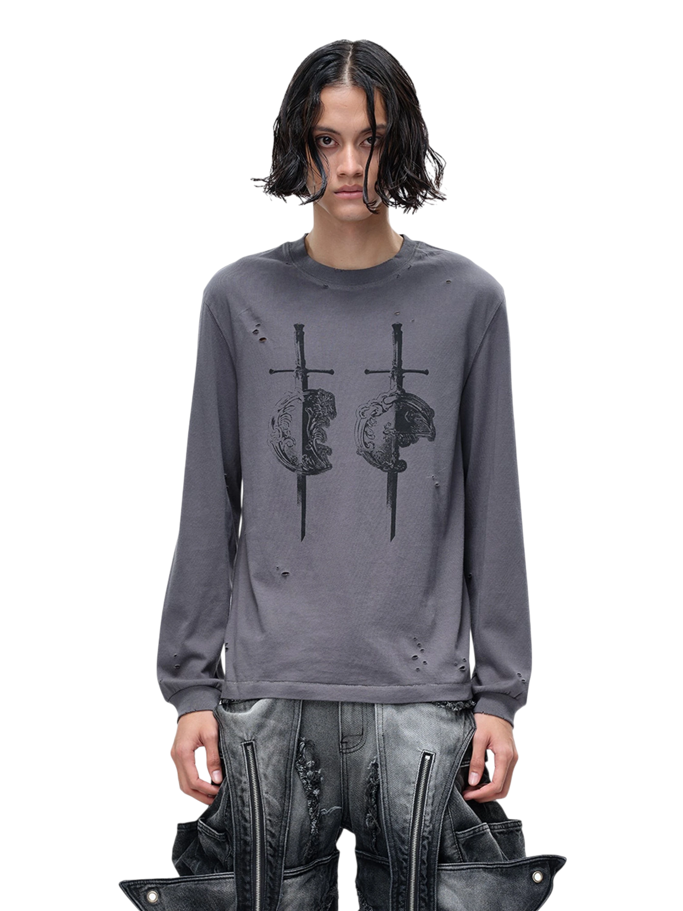 TBHNP Luminous Dawn distressed sword and shield print long-sleeve cotton t-shirt — men's streetwear long sleeve tee