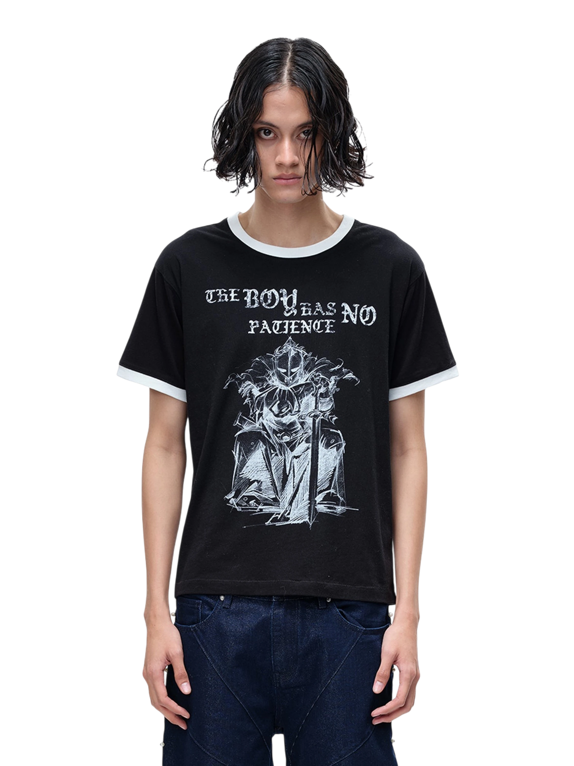 TBHNP Luminous Dawn sketch knight rhinestone ringer tee — men's streetwear graphic tee
