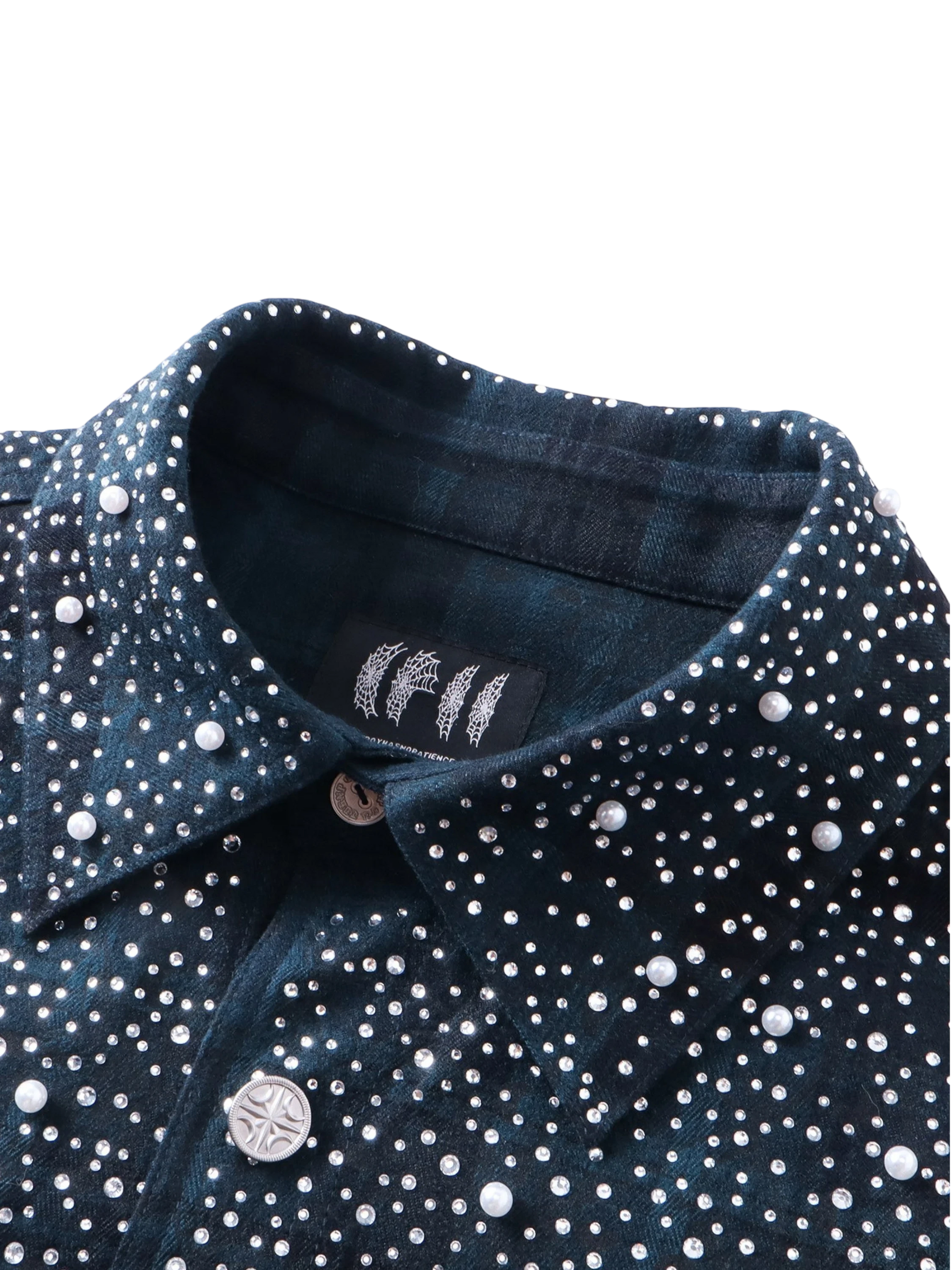 TBHNP Luminous Dawn rhinestone bat pattern plaid flannel shirt — men's gothic streetwear button-up