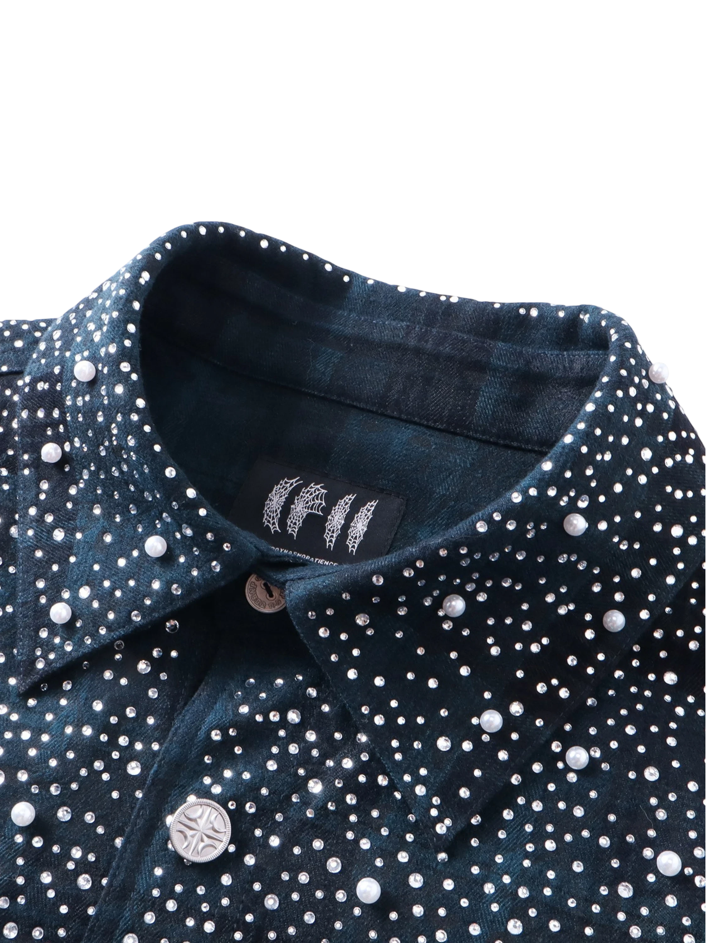 TBHNP Luminous Dawn rhinestone bat pattern plaid flannel shirt — men's gothic streetwear button-up