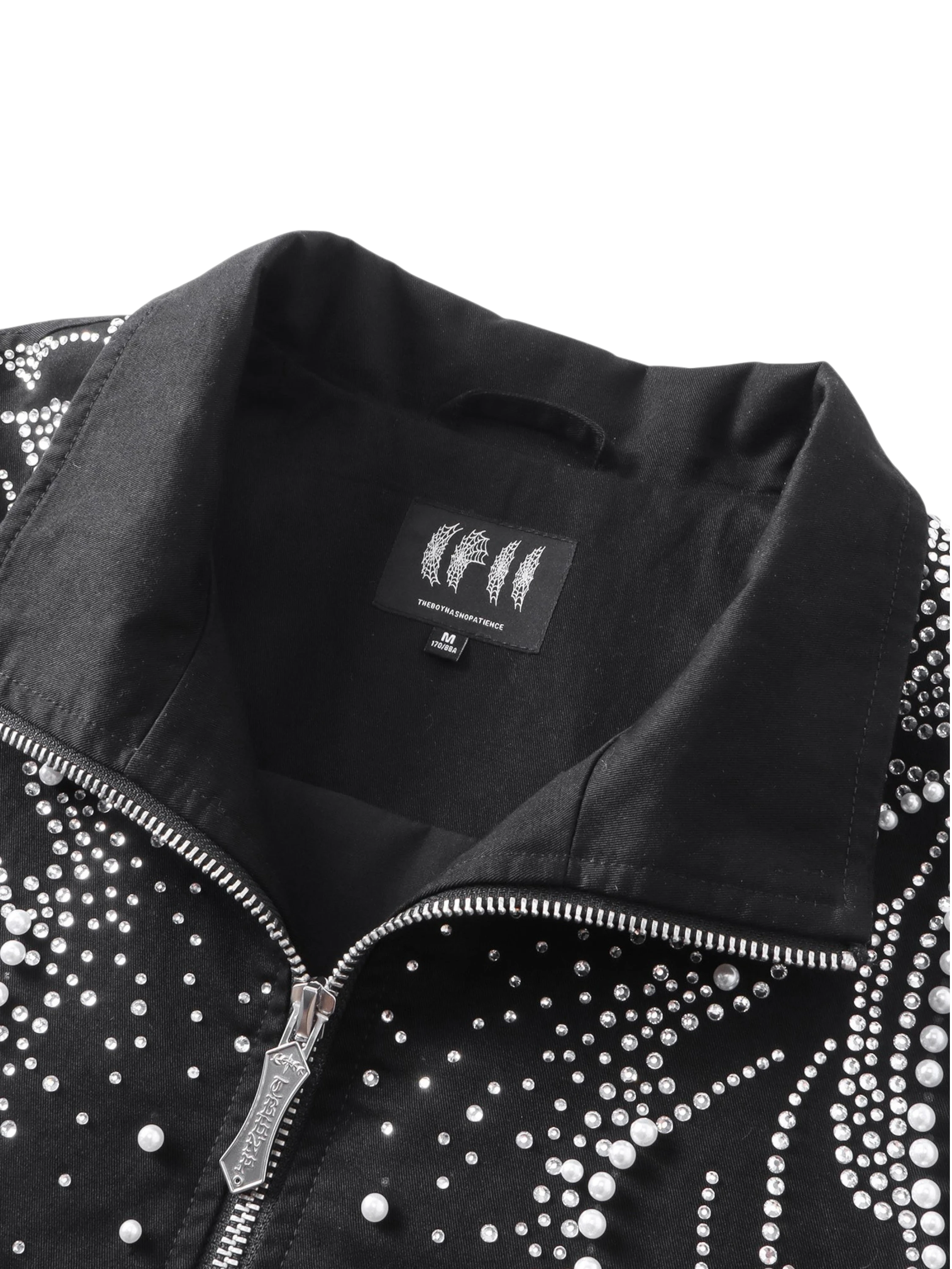 TBHNP Luminous Dawn pearl rhinestone cotton zip jacket, black — men's streetwear jacket