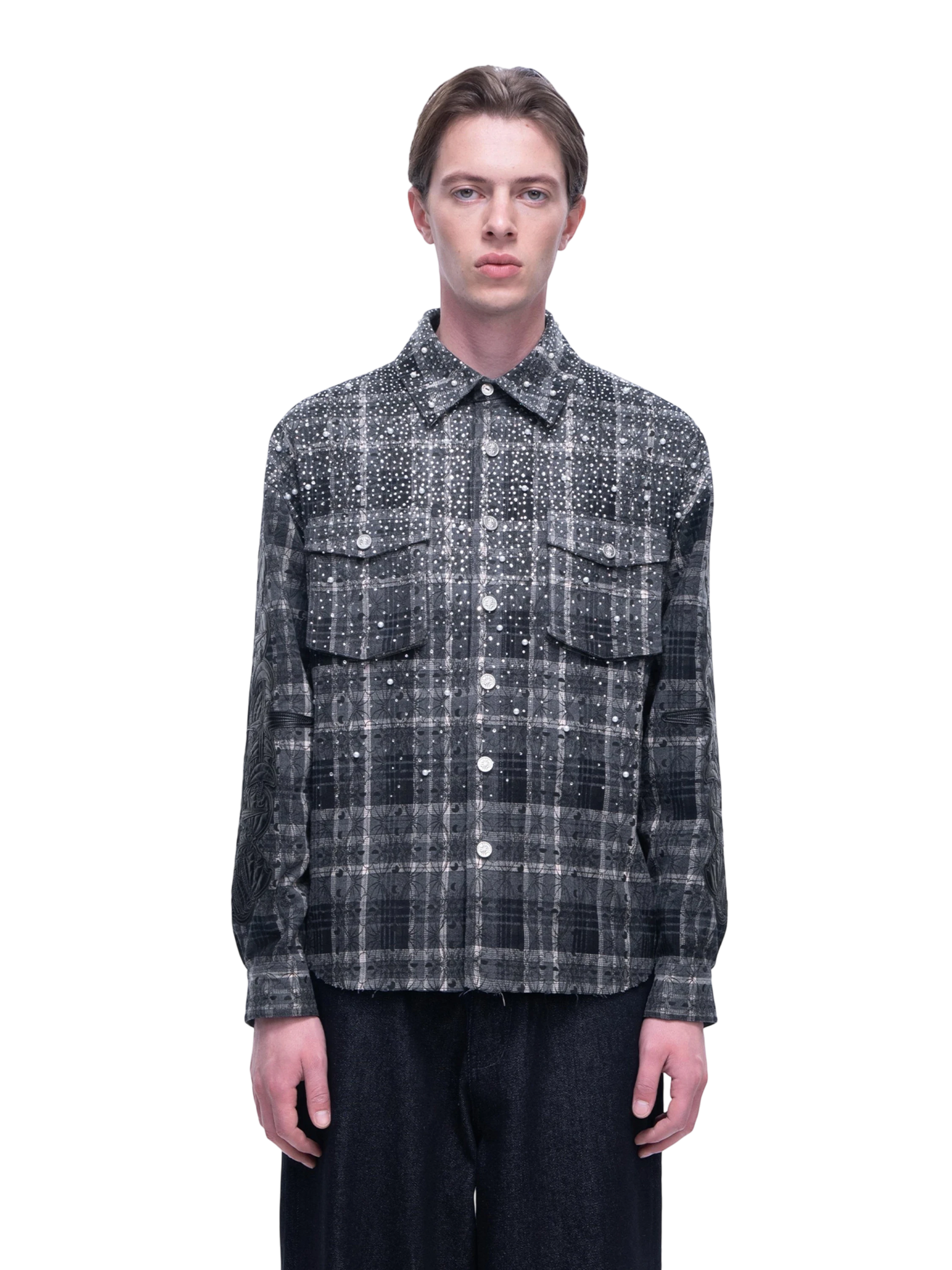 TBHNP Luminous Dawn rhinestone bat pattern plaid flannel shirt — men's gothic streetwear button-up