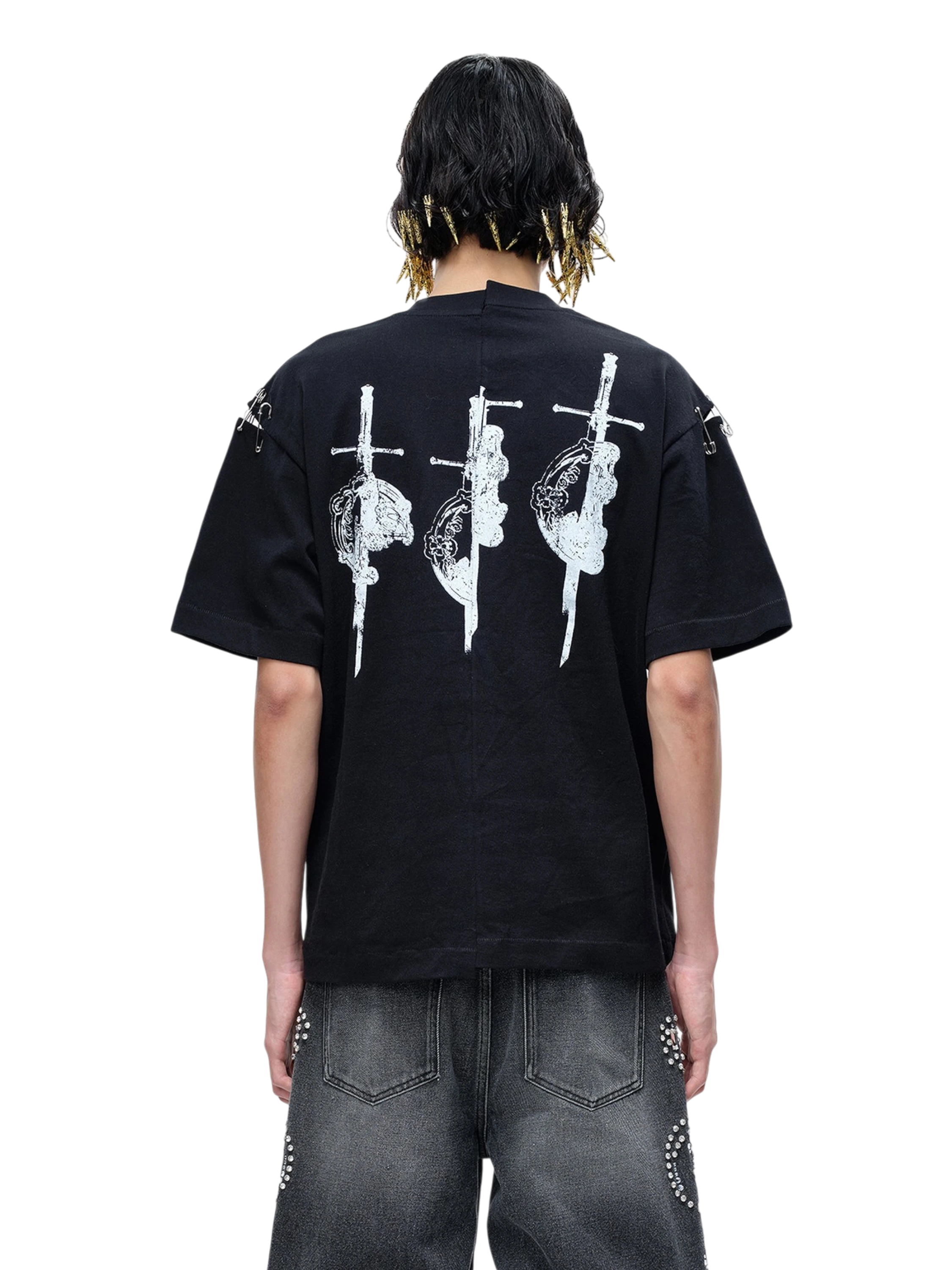 TBHNP Luminous Dawn destroyed patchwork heavyweight t-shirt, black — men's streetwear graphic tee