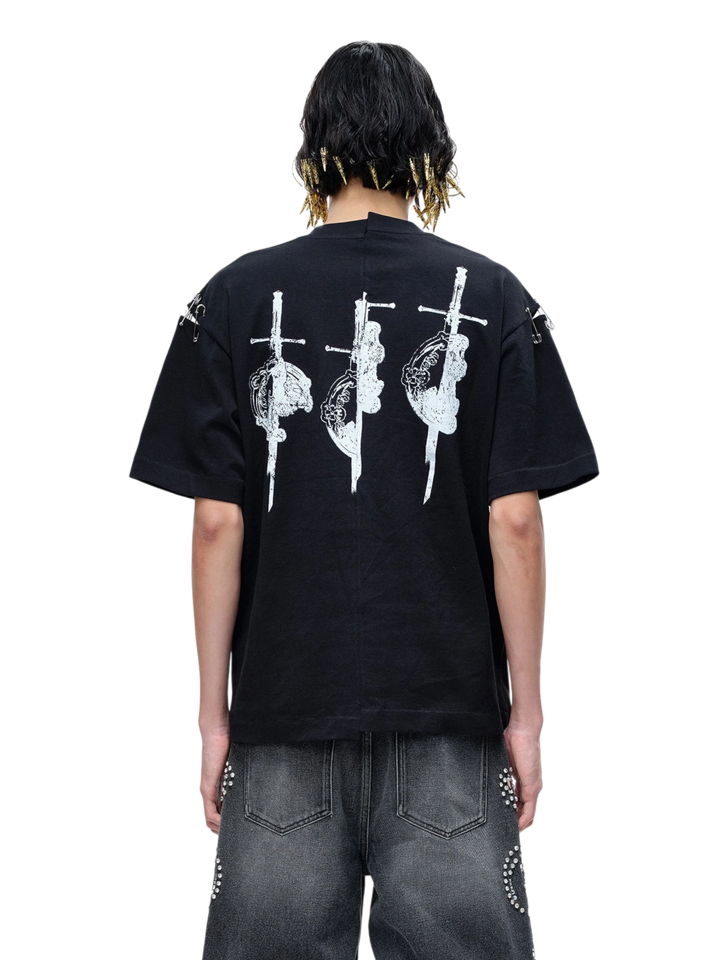 TBHNP Luminous Dawn destroyed patchwork heavyweight t-shirt, black — men's streetwear graphic tee