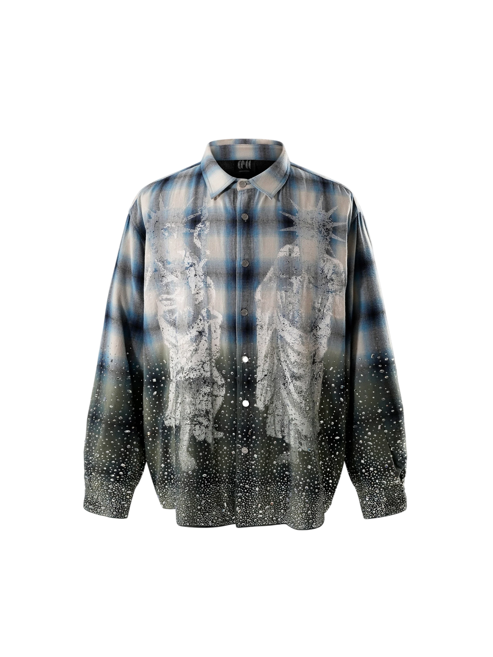 TBHNP Disciple Double Saint rhinestone plaid flannel shirt — men's gothic streetwear button-up