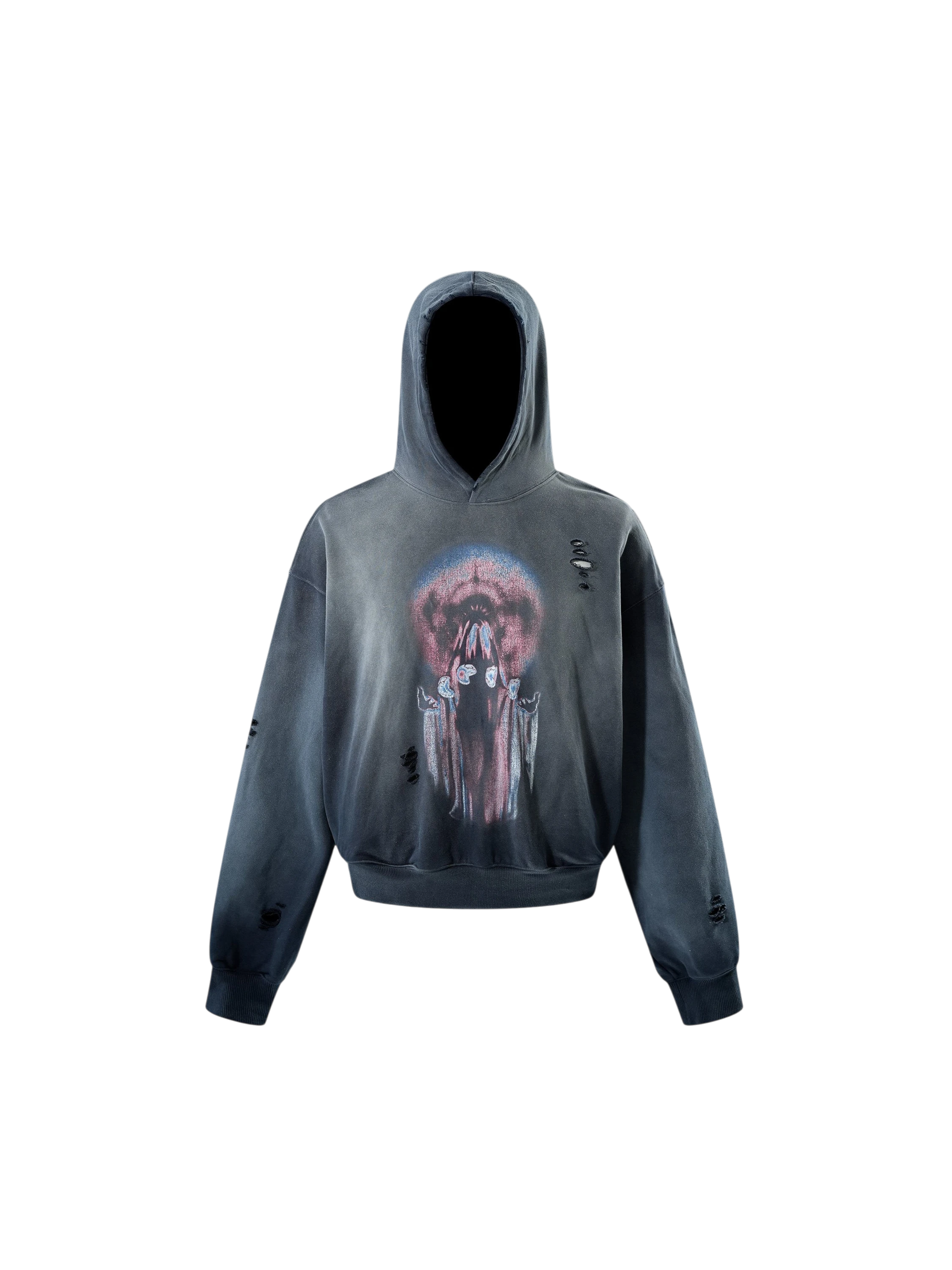 TBHNP Disciple slash-destroyed printed hoodie, blue-grey — men's streetwear hoodie
