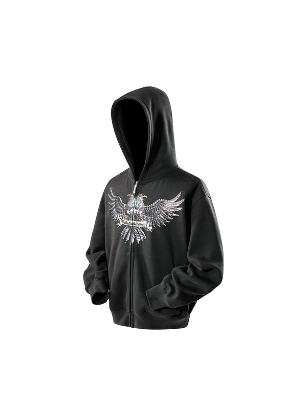 LUMINOUS DAWN DOUBLE-HEADED EAGLE RHINESTONE PRINTED ZIP HOODIE