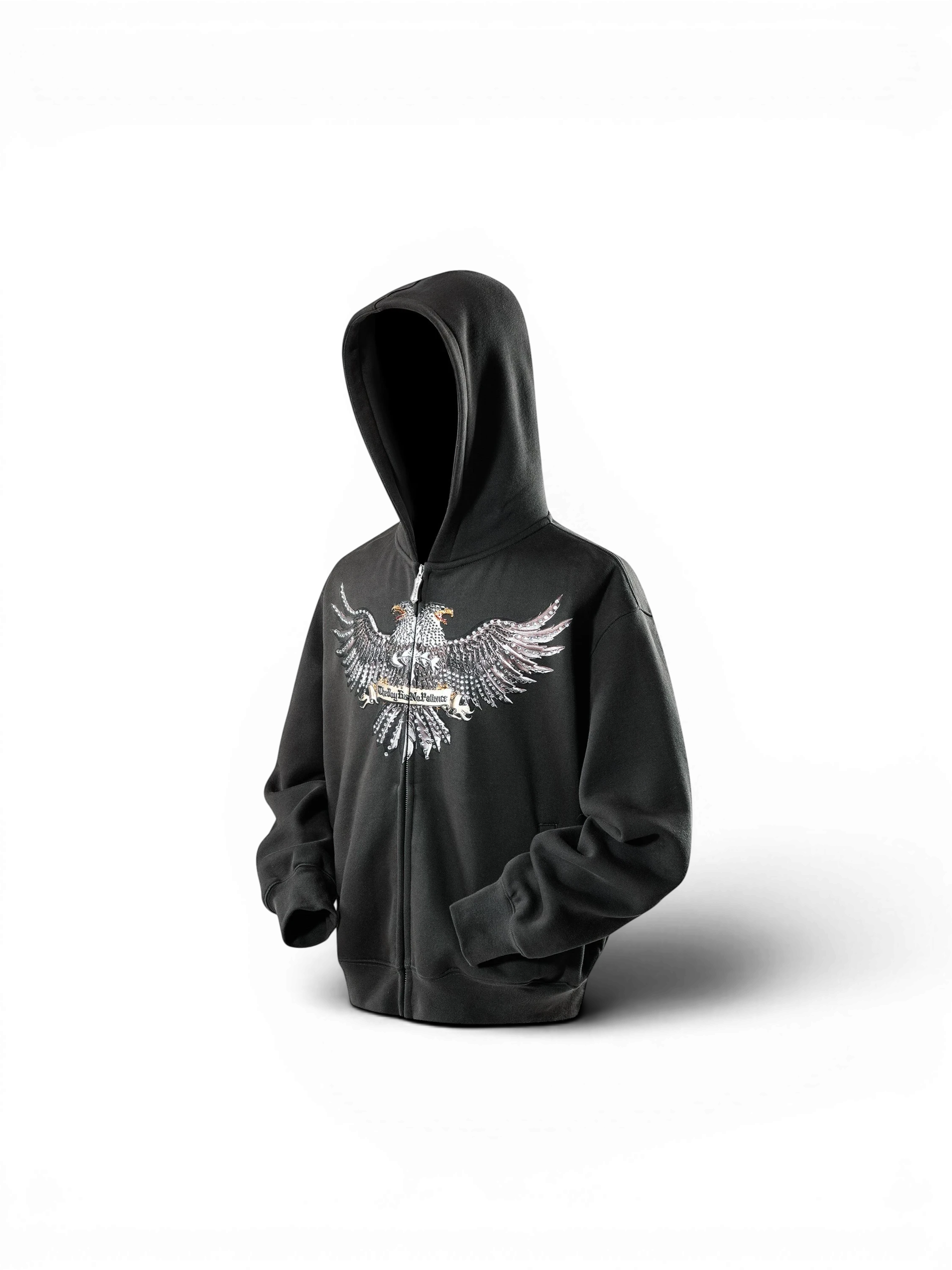 TBHNP Luminous Dawn double-headed eagle rhinestone zip hoodie, dark grey — men's streetwear hoodie