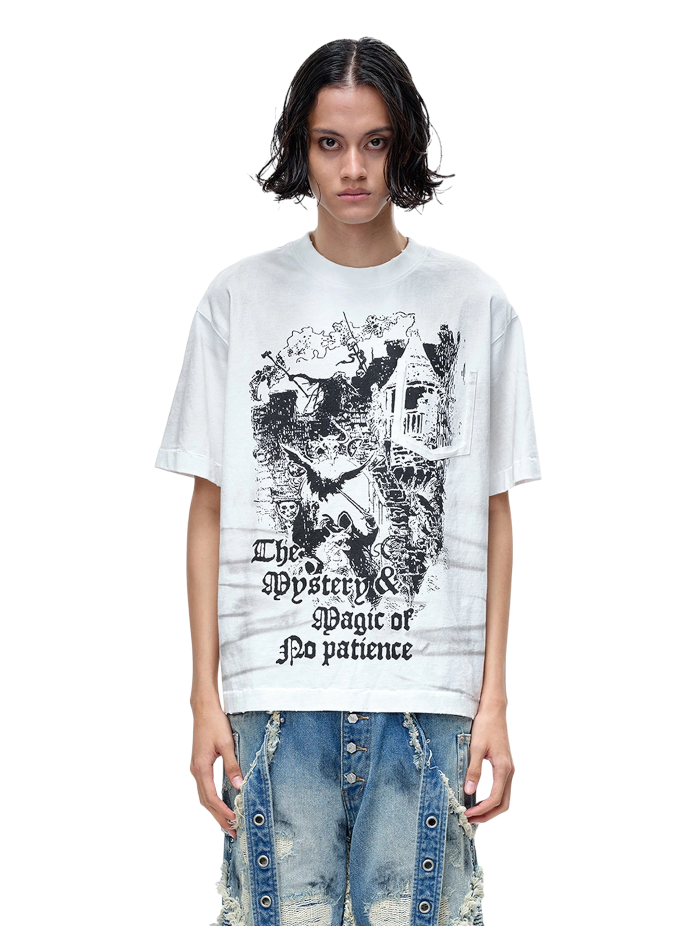TBHNP Luminous Dawn gothic castle print heavyweight t-shirt, white — men's streetwear graphic tee